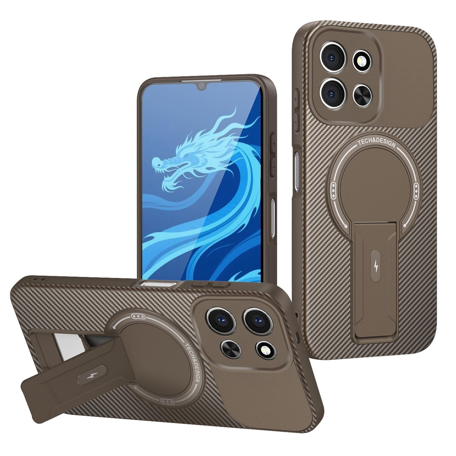 ENKAY Xiaomi Redmi 15C 4G / Poco C85 Carbon Fiber MagSafe with Holder Θήκη Σιλικόνης - Brown