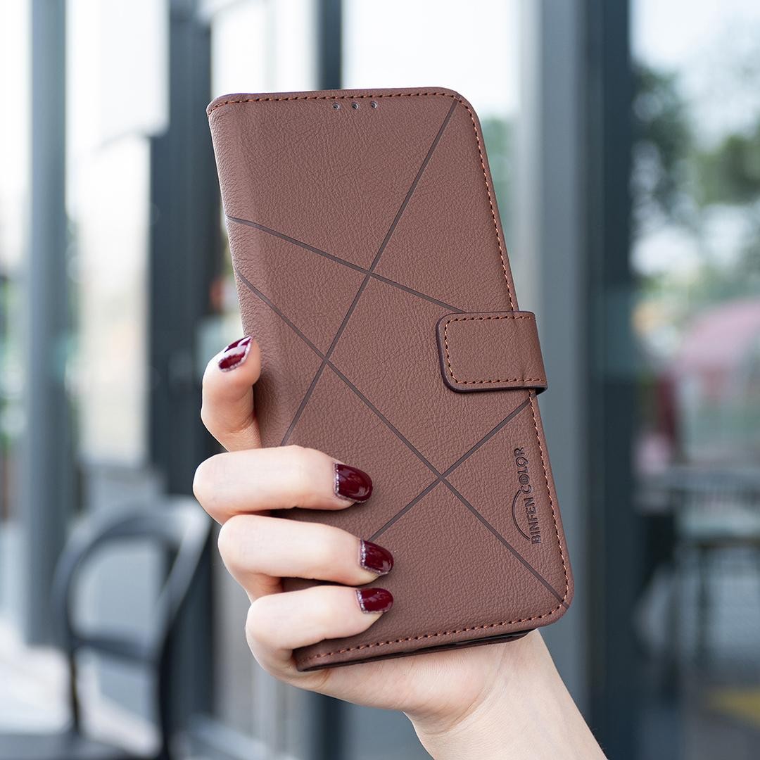 Binfen Color Xiaomi Redmi 14C 4G Geometric Pattern RFID Θήκη Βιβλίο - Brown
