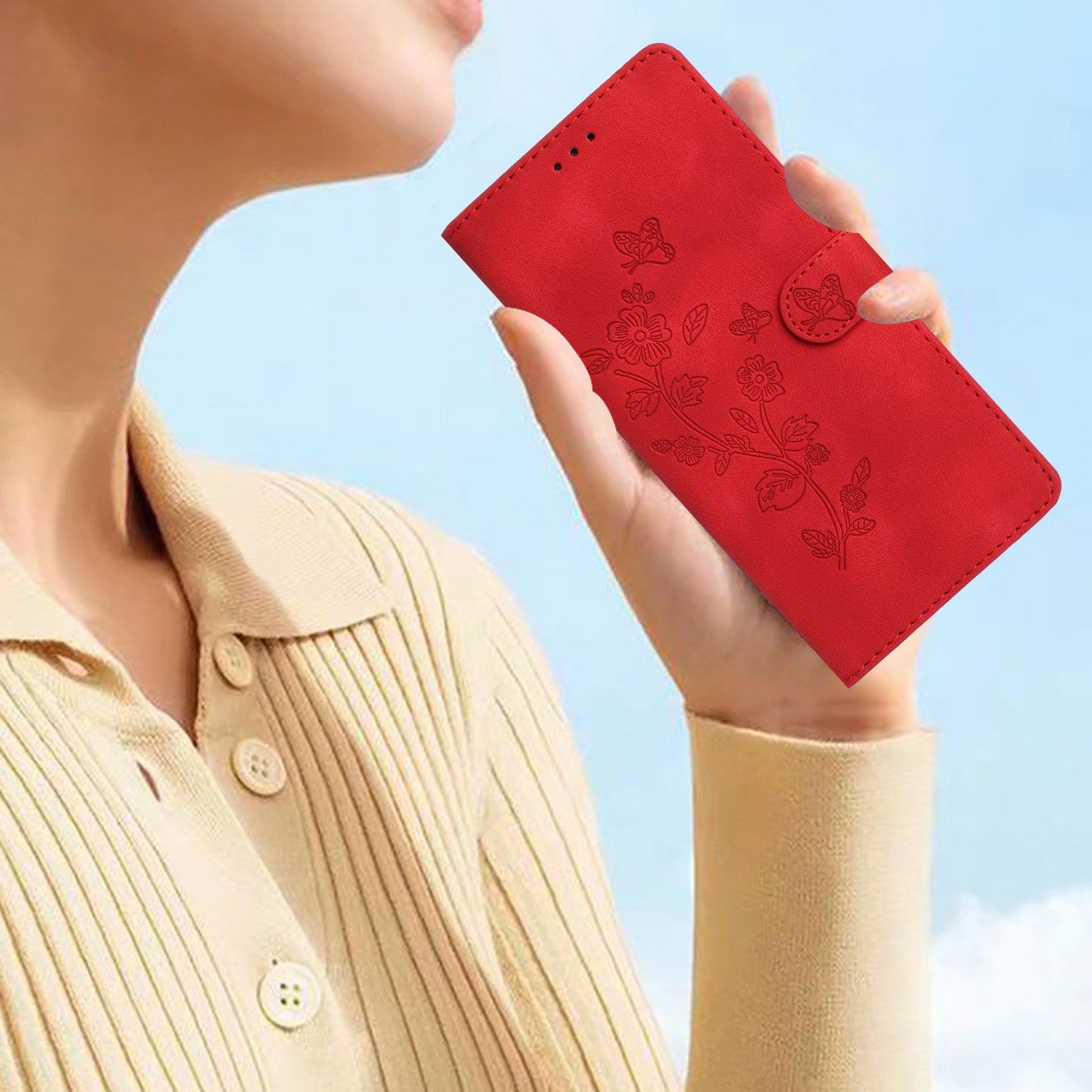 Pattern Xiaomi Redmi 14C 4G Flower Butterfly Embossing Θήκη Βιβλίο - Red