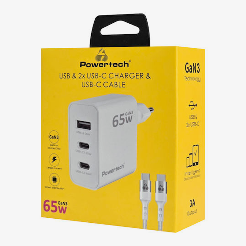 Powertech PT-1378 Φορτιστής με Καλώδιο USB-C σε USB-C και Θύρες 2x USB-C και 1Χ USB-Α GaN3 65W Λευκός