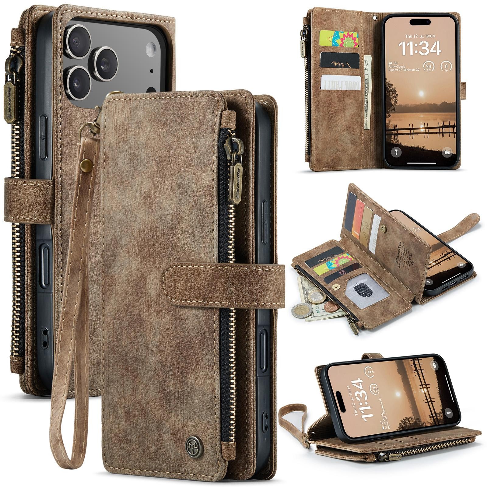 CaseMe C30 iPhone 17 Pro Max Card Slots Zipper Θήκη Πορτοφόλι Δερμάτινη - Brown