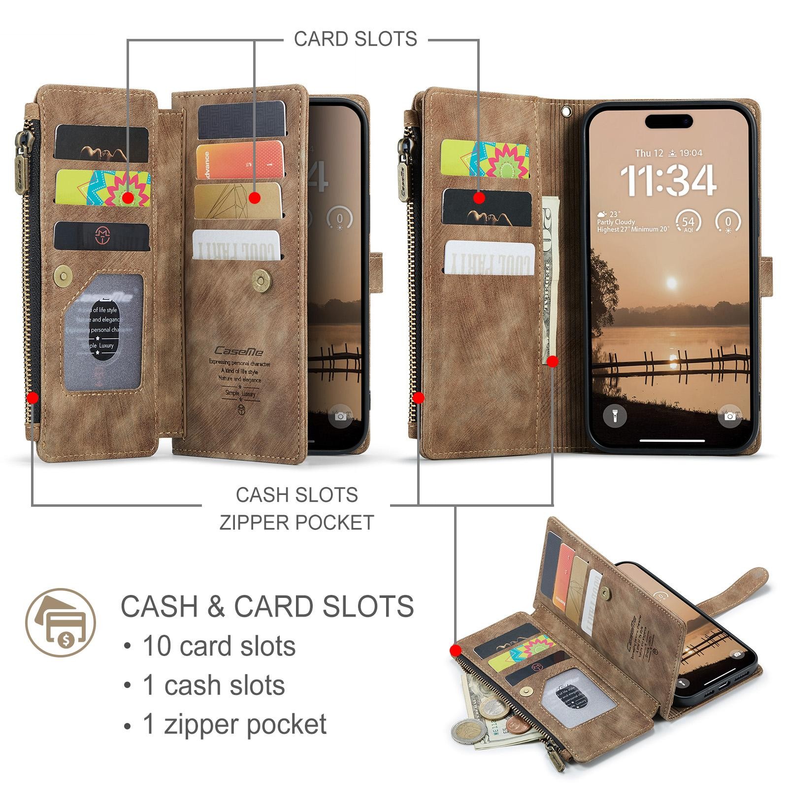 CaseMe C30 iPhone 17 Pro Max Card Slots Zipper Θήκη Πορτοφόλι Δερμάτινη - Brown