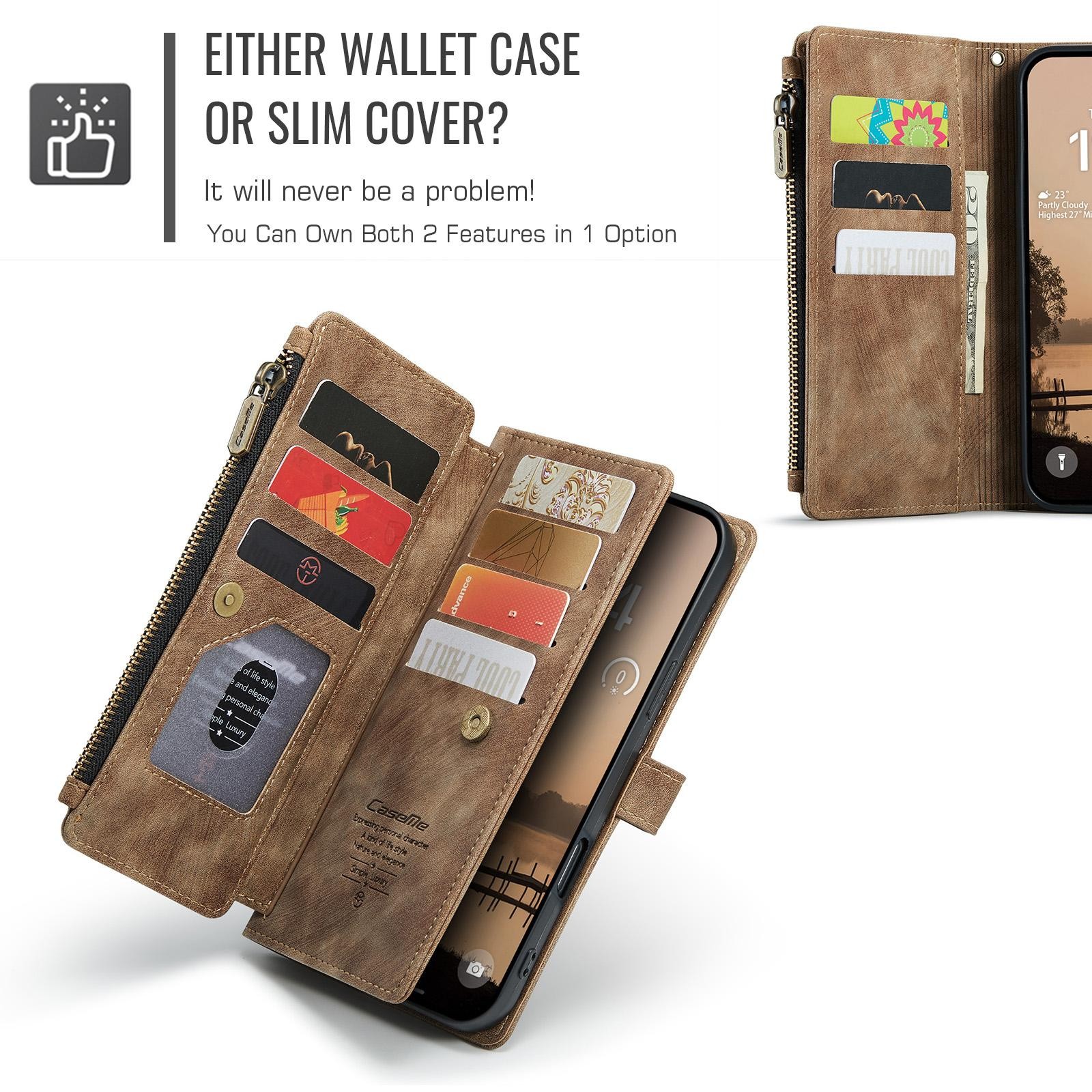CaseMe C30 iPhone 17 Pro Max Card Slots Zipper Θήκη Πορτοφόλι Δερμάτινη - Brown
