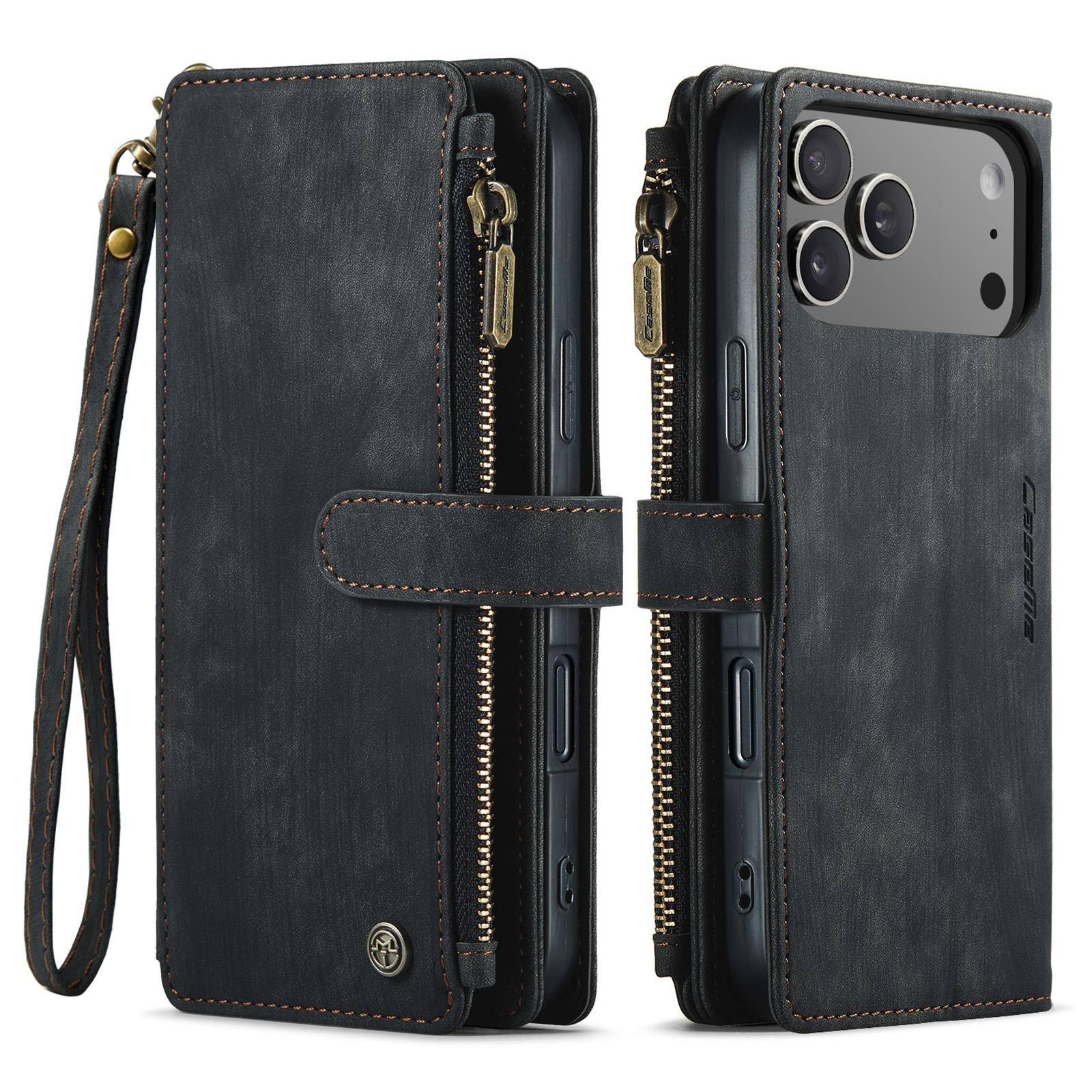 CaseMe C30 iPhone 17 Pro Max Card Slots Zipper Θήκη Πορτοφόλι Δερμάτινη - Black
