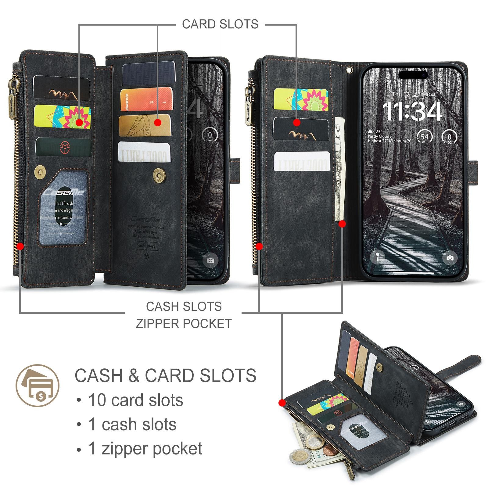 CaseMe C30 iPhone 17 Pro Max Card Slots Zipper Θήκη Πορτοφόλι Δερμάτινη - Black