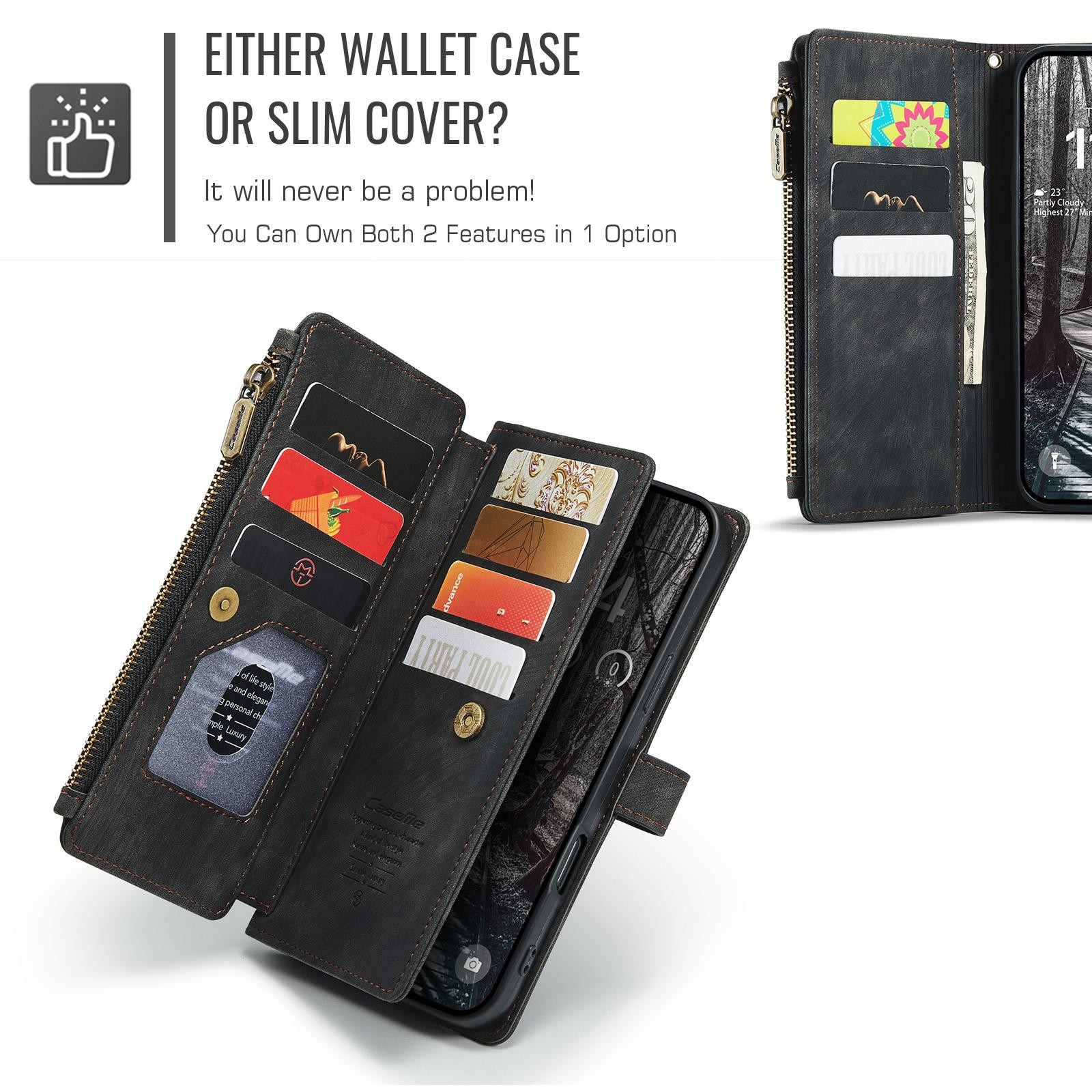 CaseMe C30 iPhone 17 Pro Max Card Slots Zipper Θήκη Πορτοφόλι Δερμάτινη - Black