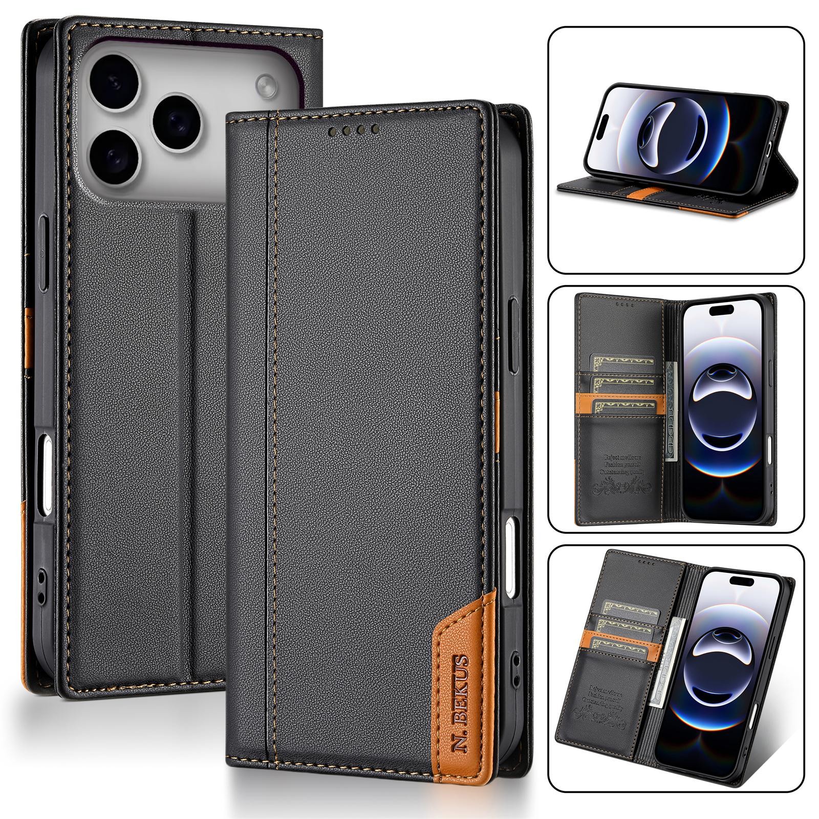 N.Bekus iPhone 17 Pro Max P3 RFID Stitching Magnetic Flip Θήκη Βιβλίο - Black