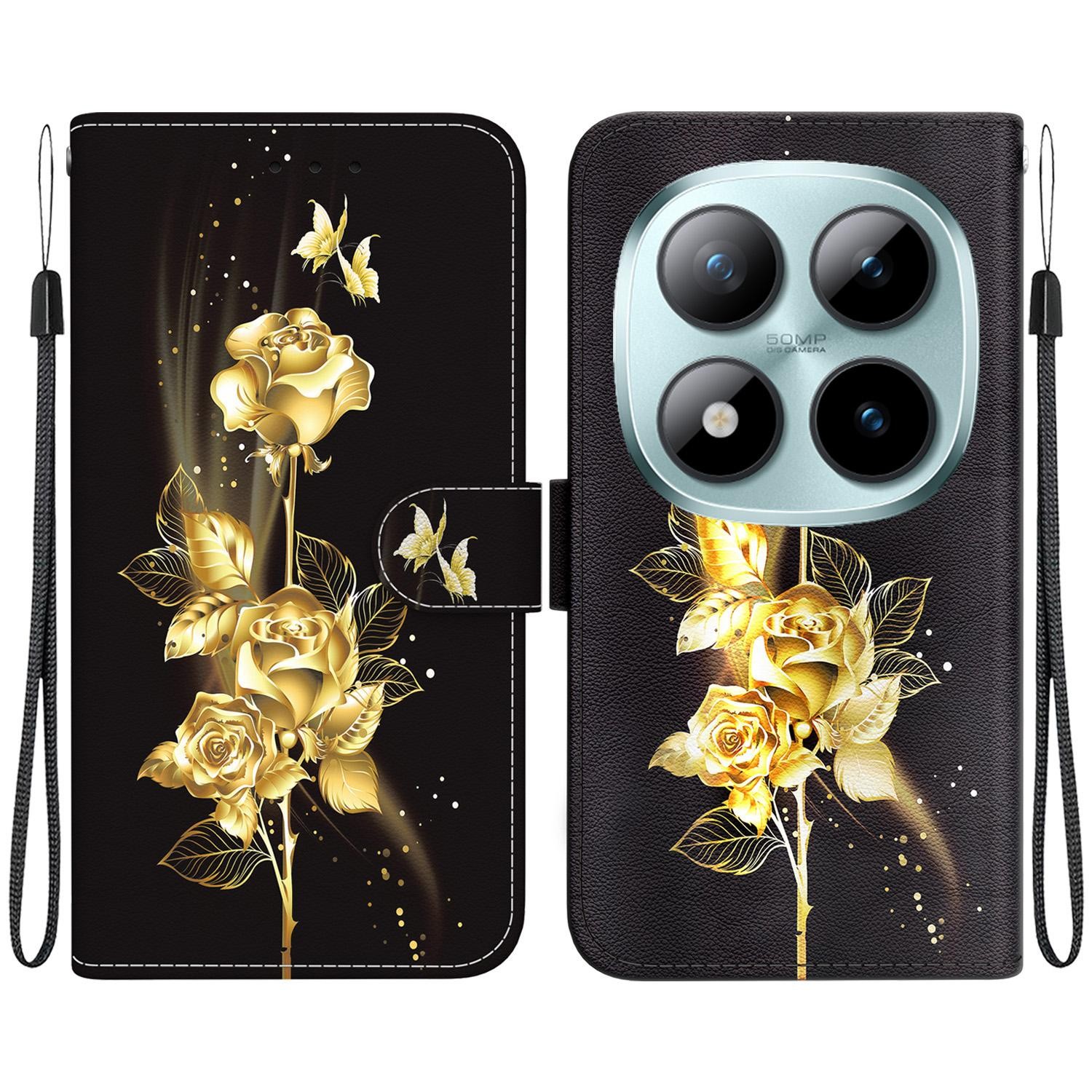 Xiaomi Redmi Note 15 Pro 5G Crystal Texture Colored Leather Gold Butterfly Rose Drawing-Θήκη Βιβλίο