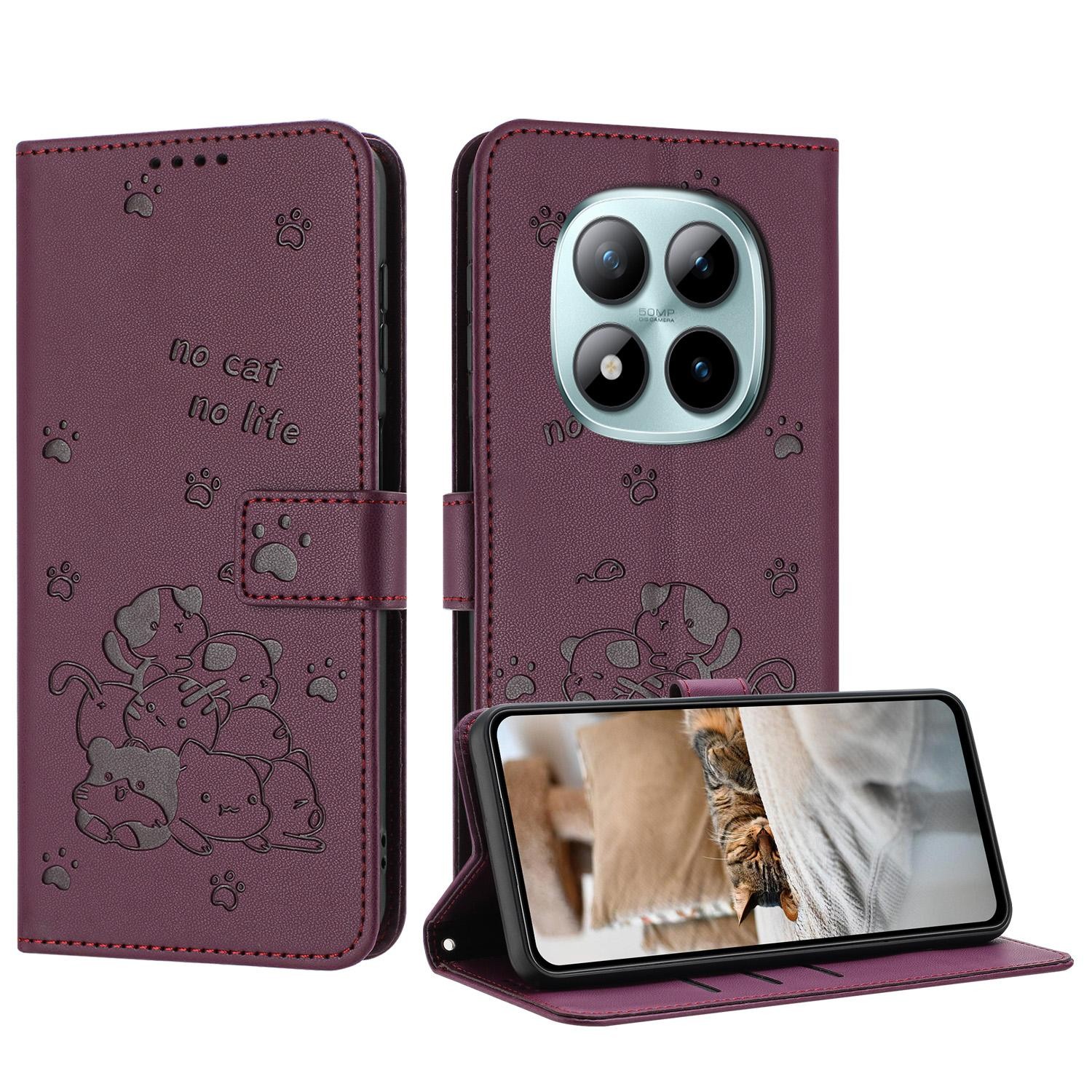 Xiaomi Redmi Note 15 Pro+ 5G Embossed Kitten Leather with Lanyard Wine Red-Θήκη Βιβλίο