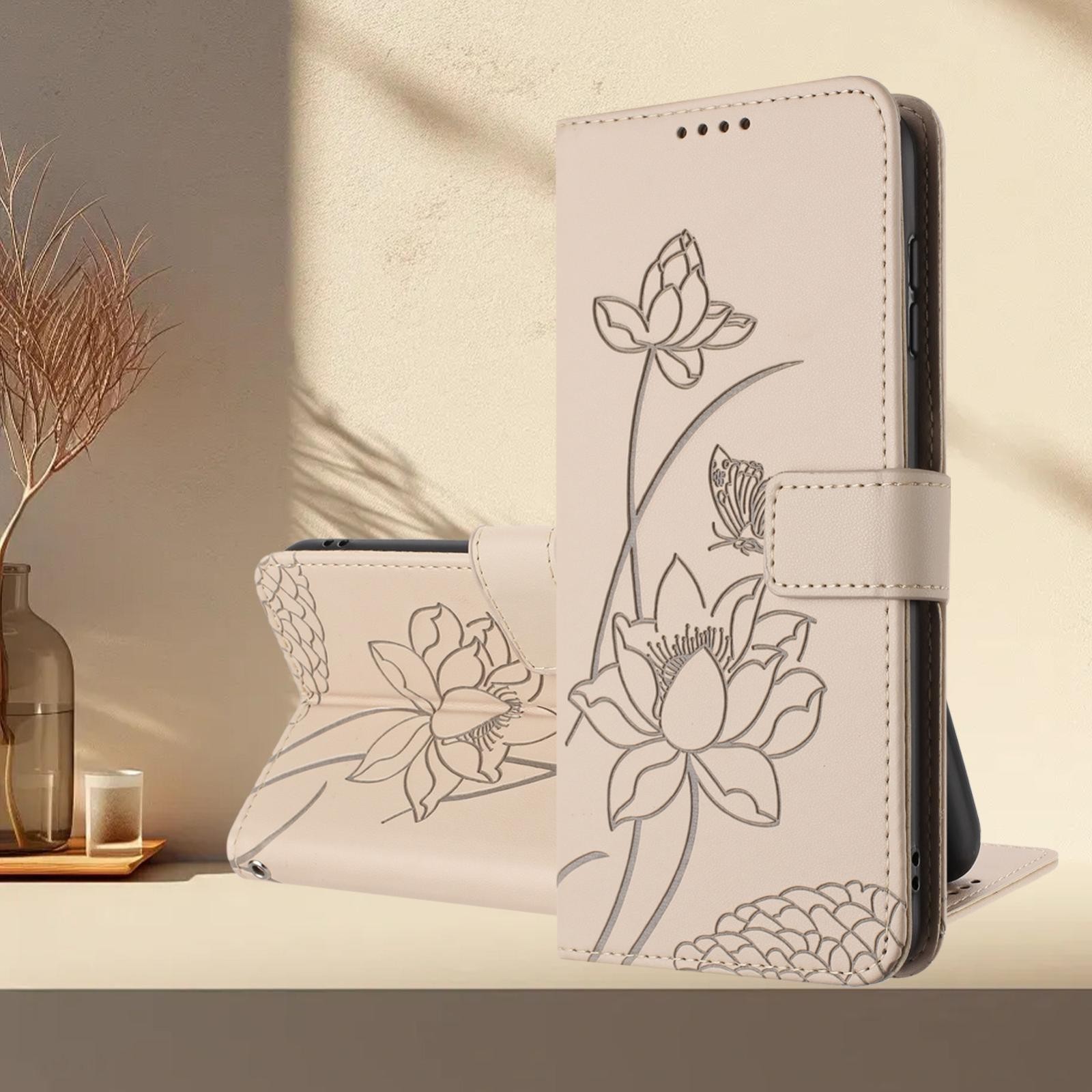 Xiaomi Redmi Note 15 5G / 4G Lotus Embossed Leather with Lanyard Beige-Θήκη Βιβλίο
