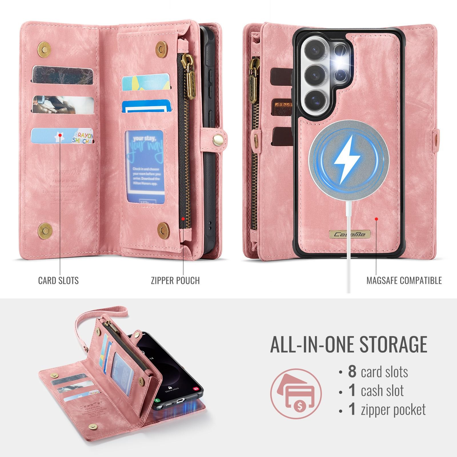 CaseMe 008 Samsung Galaxy S26 Ultra 5G Θήκη Πορτοφόλι με Αποσπώμενη Θήκη Σιλικόνης -Pink