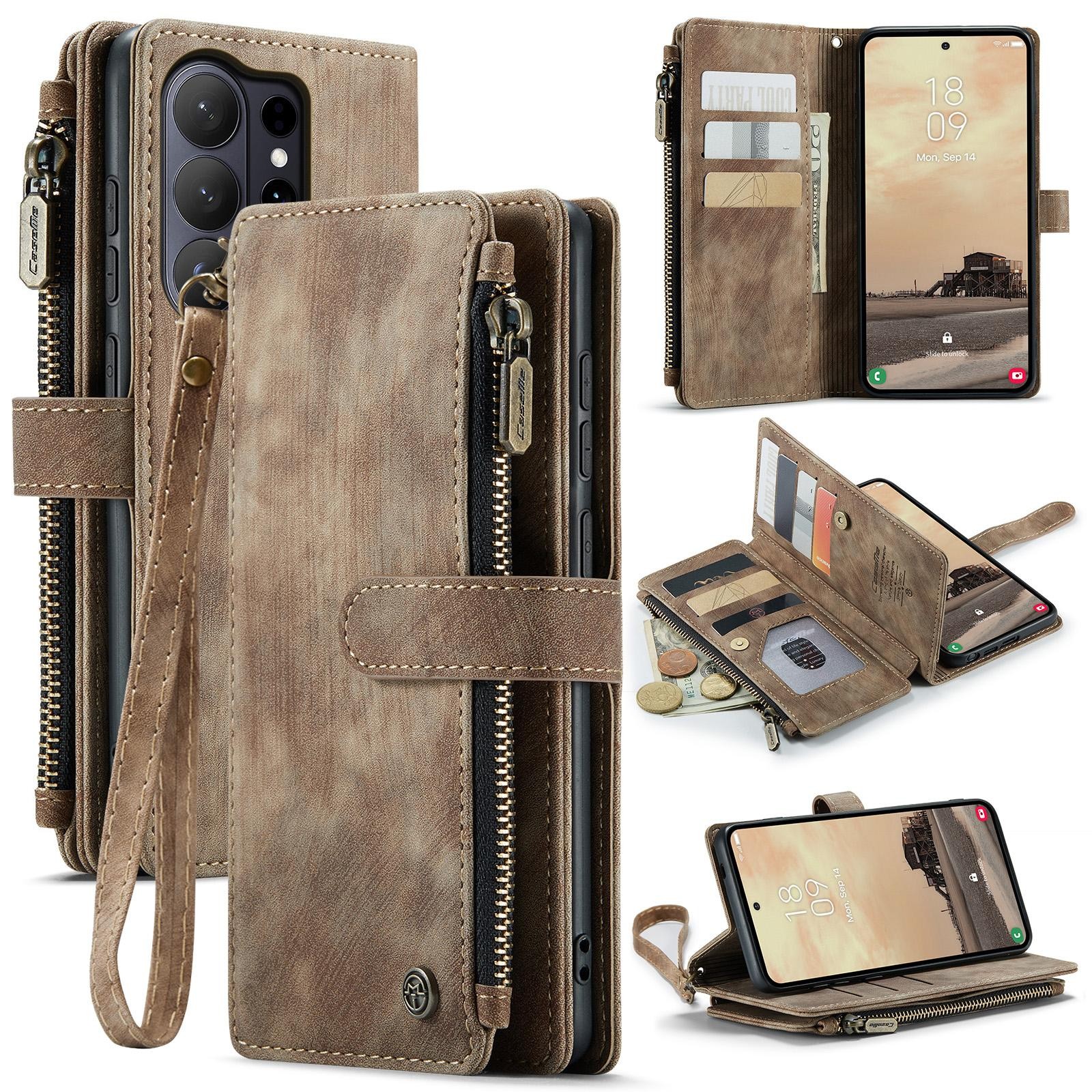 CaseMe C30 Samsung Galaxy S26 Ultra 5G Card Slots Zipper Θήκη Πορτοφόλι Δερμάτινη –Brown