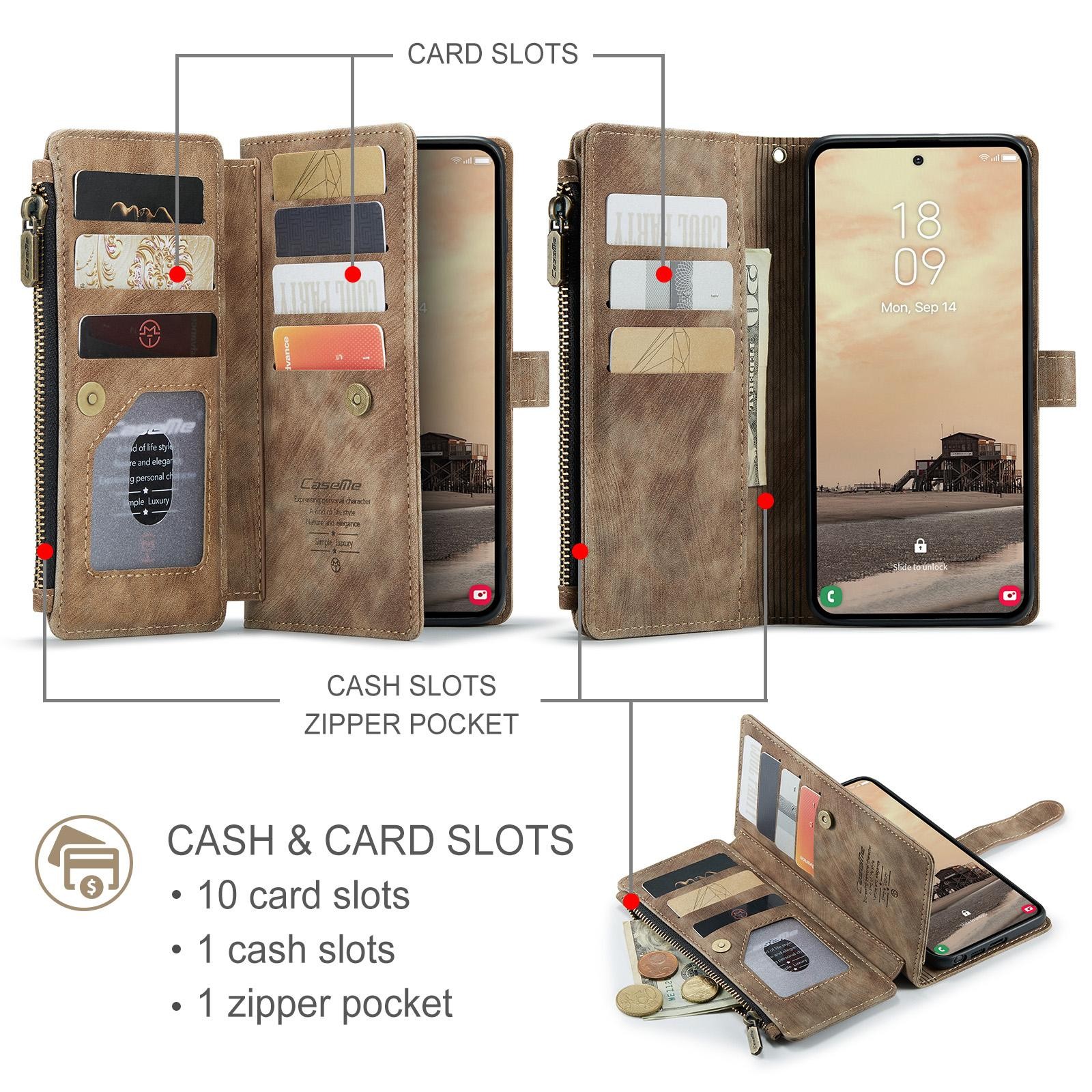 CaseMe C30 Samsung Galaxy S26 Ultra 5G Card Slots Zipper Θήκη Πορτοφόλι Δερμάτινη –Brown
