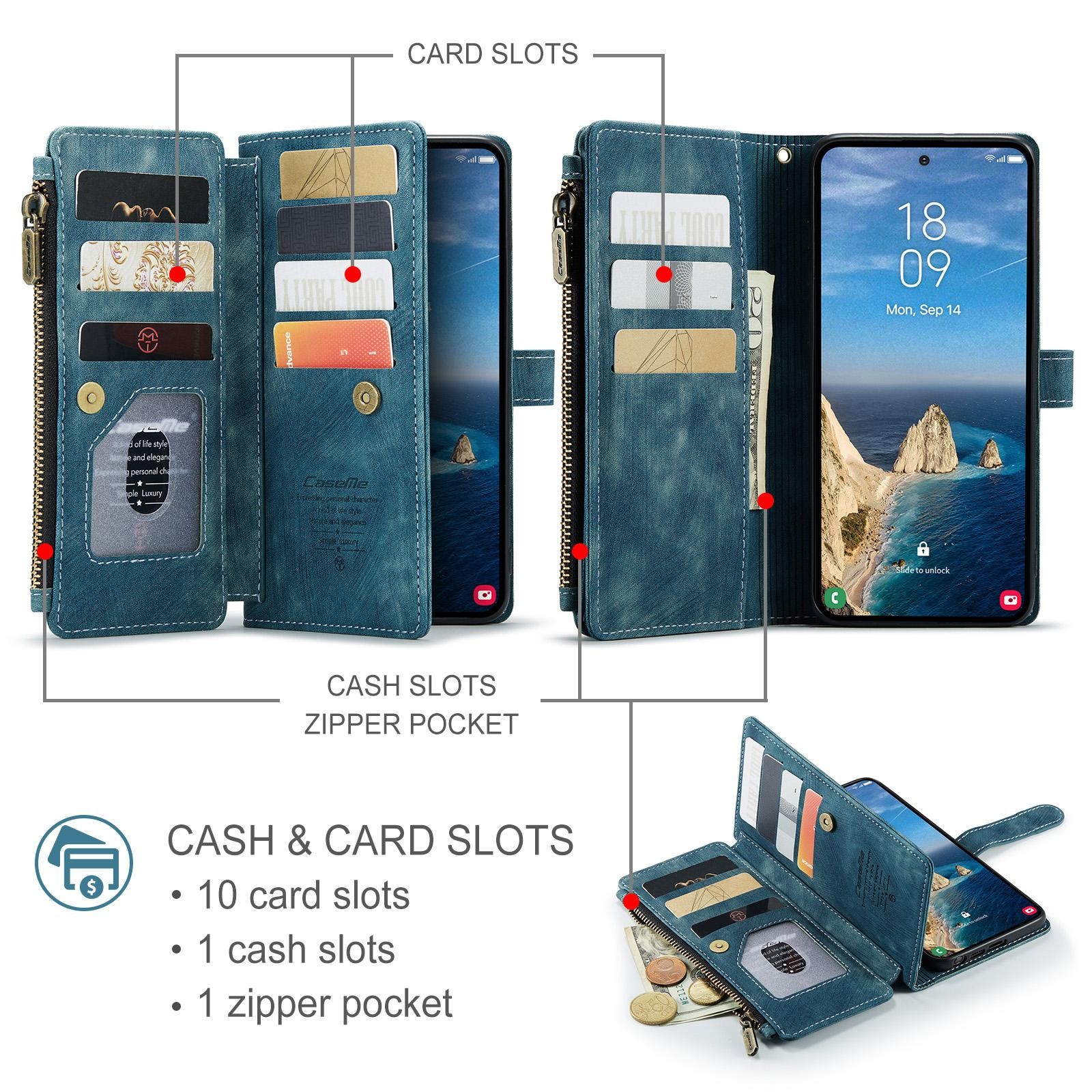 CaseMe C30 Samsung Galaxy S26 Ultra 5G Card Slots Zipper Θήκη Πορτοφόλι Δερμάτινη – Blue