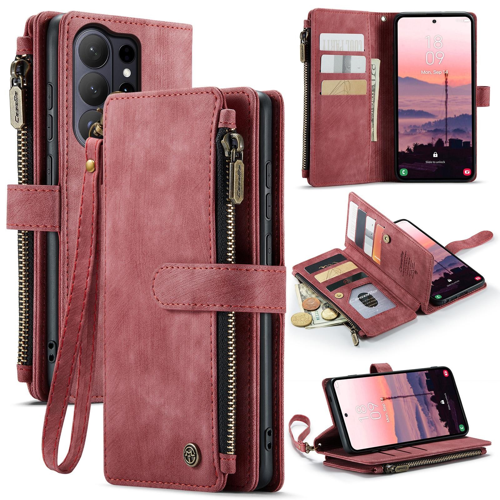 CaseMe C30 Samsung Galaxy S26 Ultra 5G Card Slots Zipper Θήκη Πορτοφόλι Δερμάτινη–Red