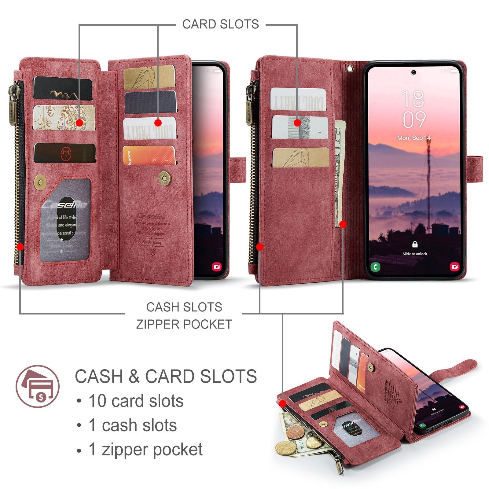 CaseMe C30 Samsung Galaxy S26 Ultra 5G Card Slots Zipper Θήκη Πορτοφόλι Δερμάτινη–Red