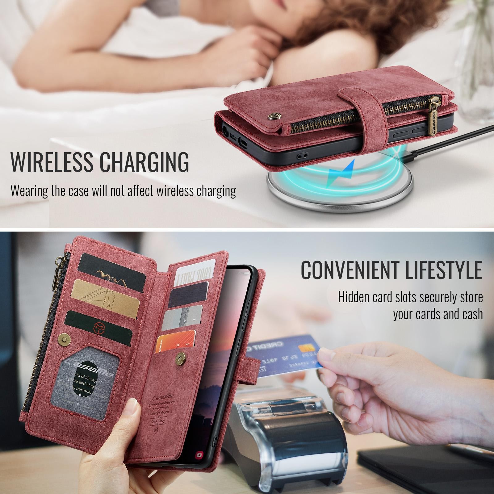 CaseMe C30 Samsung Galaxy S26 Ultra 5G Card Slots Zipper Θήκη Πορτοφόλι Δερμάτινη–Red