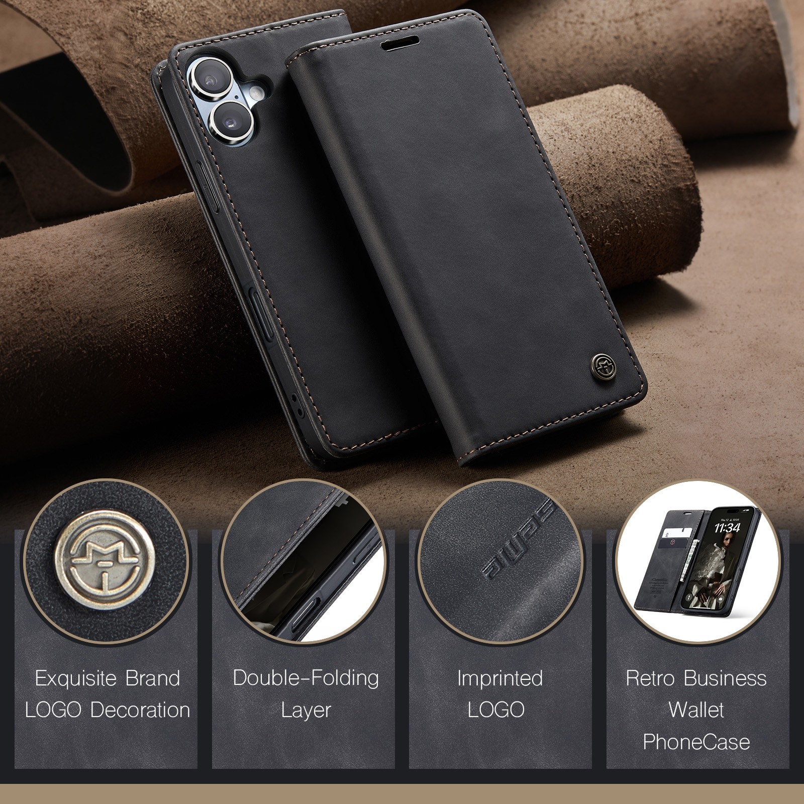 CaseMe 013 iPhone 16 Retro Leather Θήκη Βιβλίο -Black