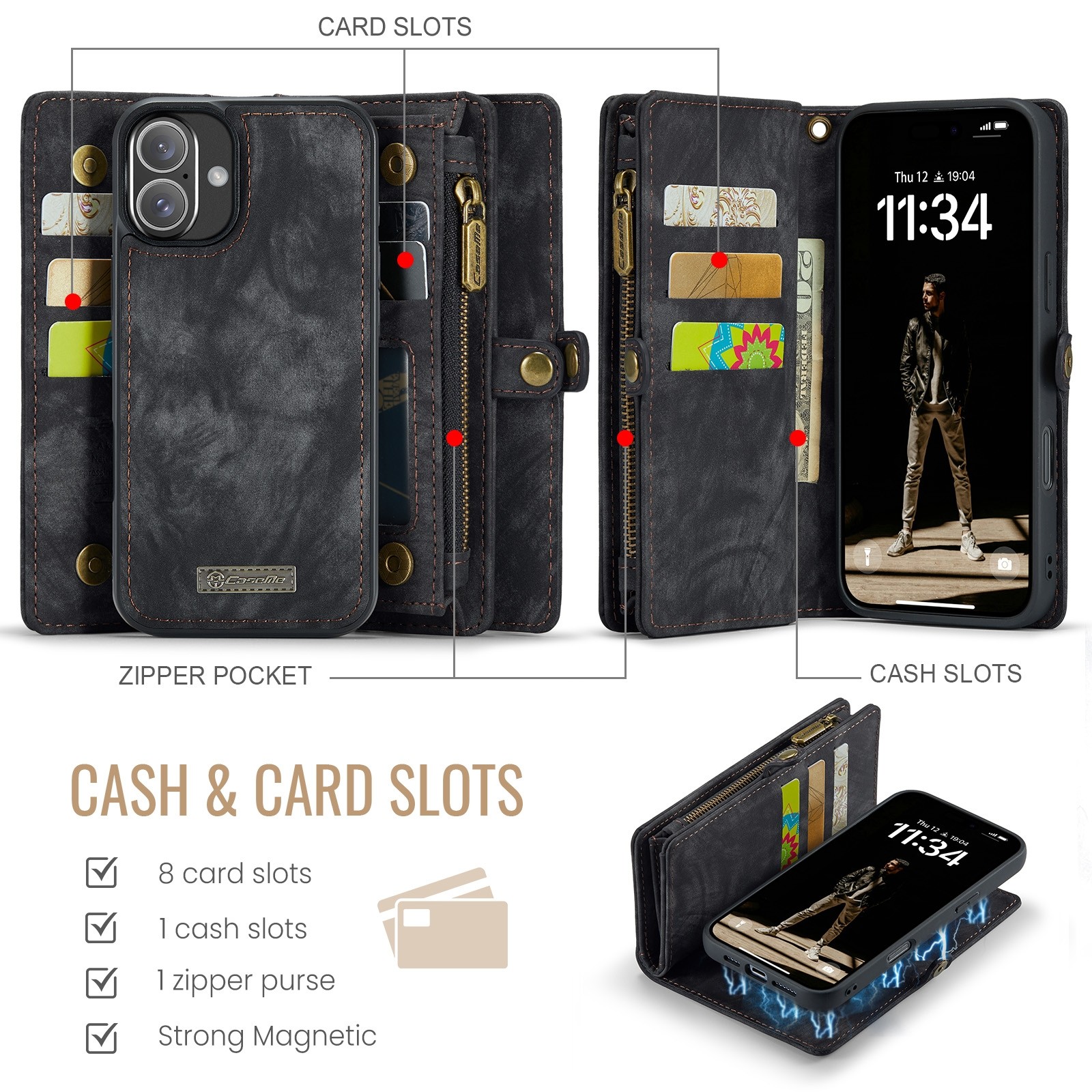 CaseMe 008 iPhone 16 Θήκη Πορτοφόλι με Αποσπώμενη Θήκη Σιλικόνης -Black