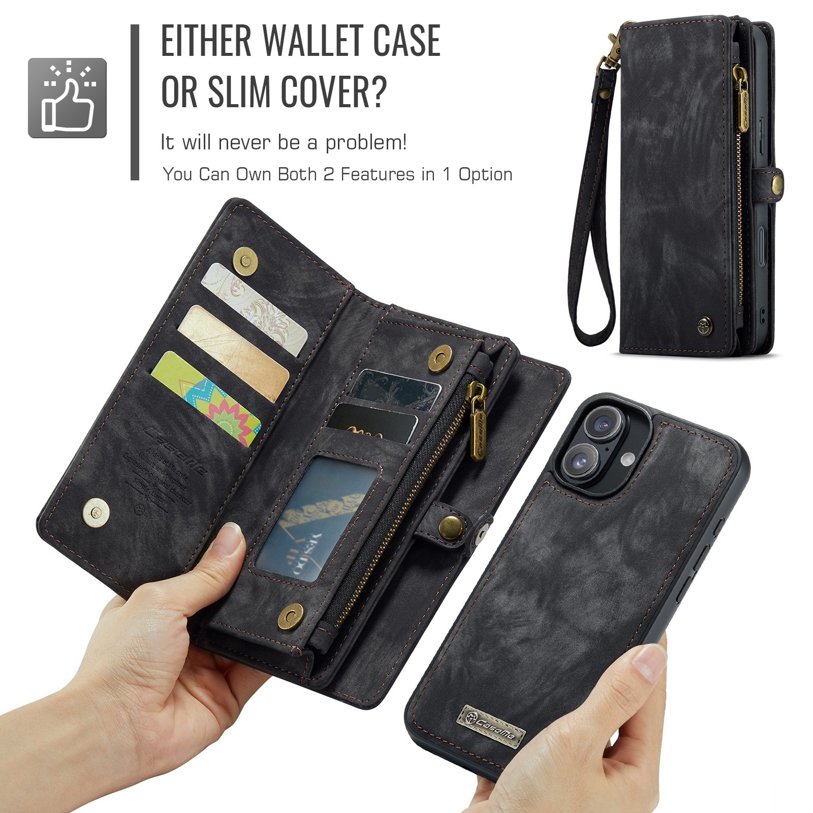 CaseMe 008 iPhone 16 Θήκη Πορτοφόλι με Αποσπώμενη Θήκη Σιλικόνης -Black