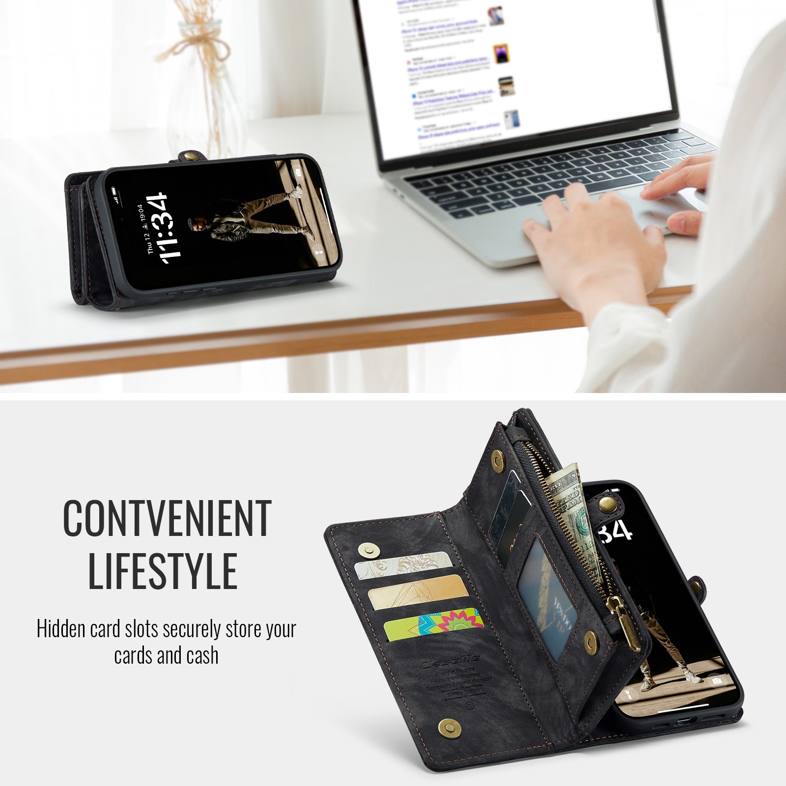 CaseMe 008 iPhone 16 Θήκη Πορτοφόλι με Αποσπώμενη Θήκη Σιλικόνης -Black