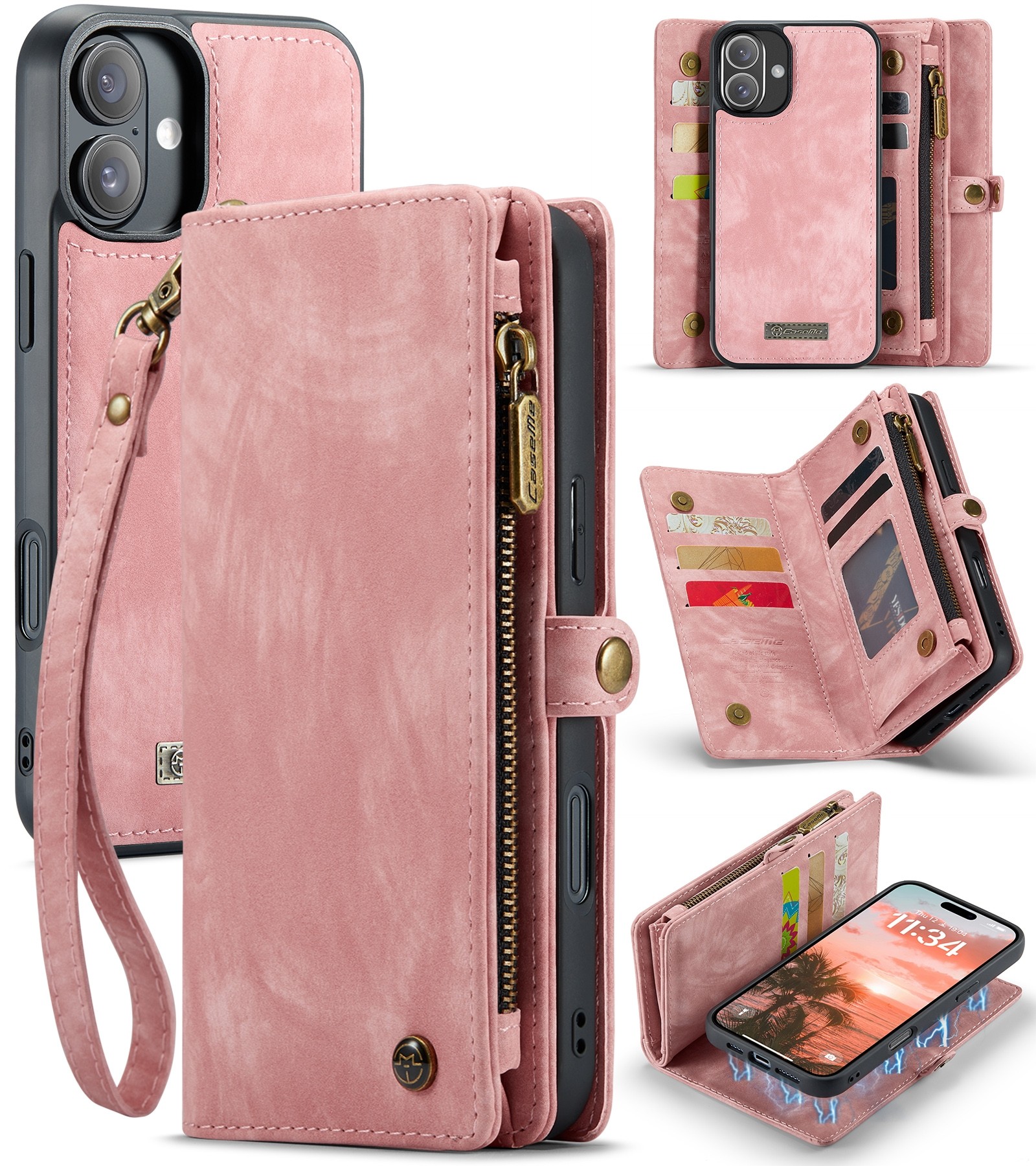 CaseMe 008 iPhone 16 Θήκη Πορτοφόλι με Αποσπώμενη Θήκη Σιλικόνης - Pink