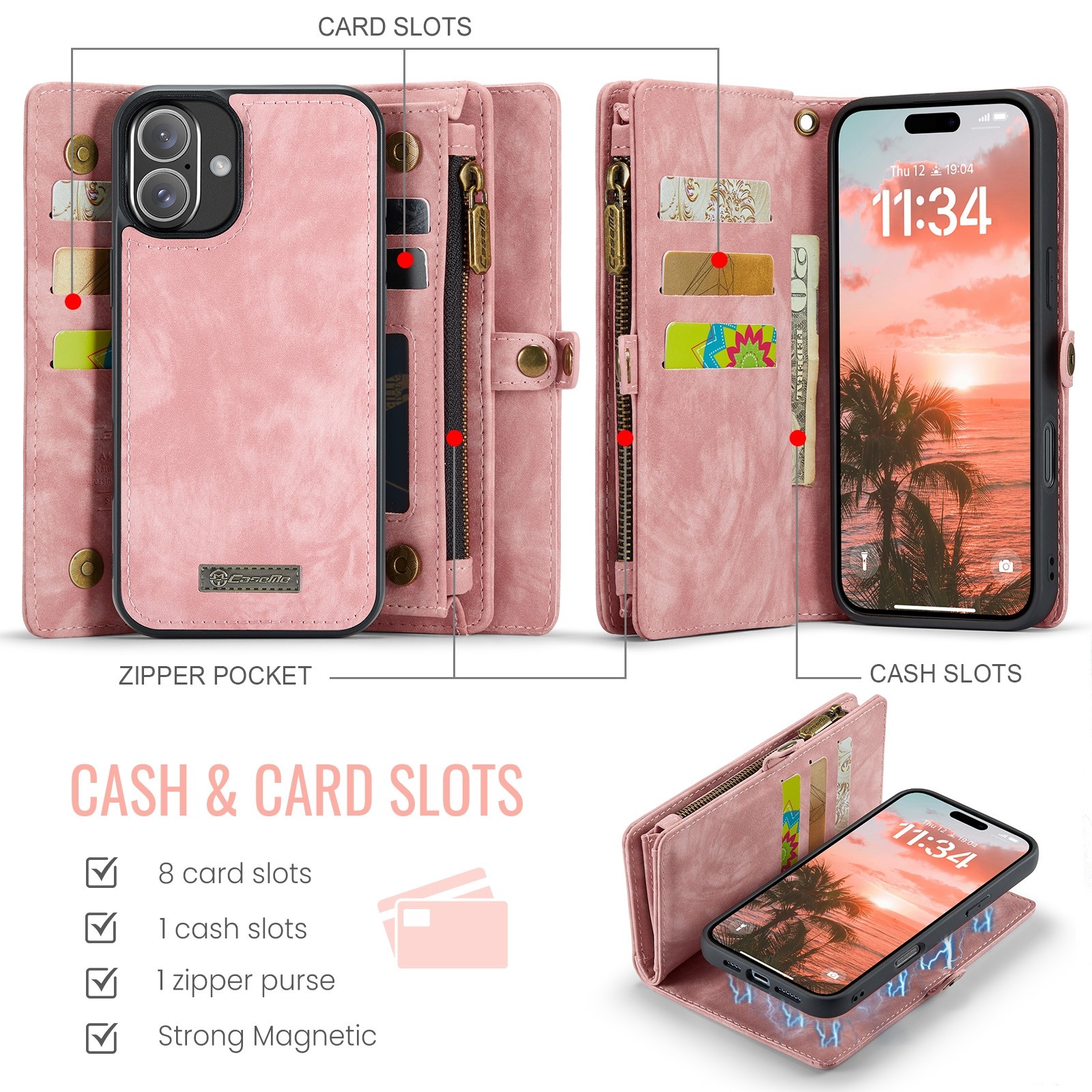 CaseMe 008 iPhone 16 Θήκη Πορτοφόλι με Αποσπώμενη Θήκη Σιλικόνης - Pink
