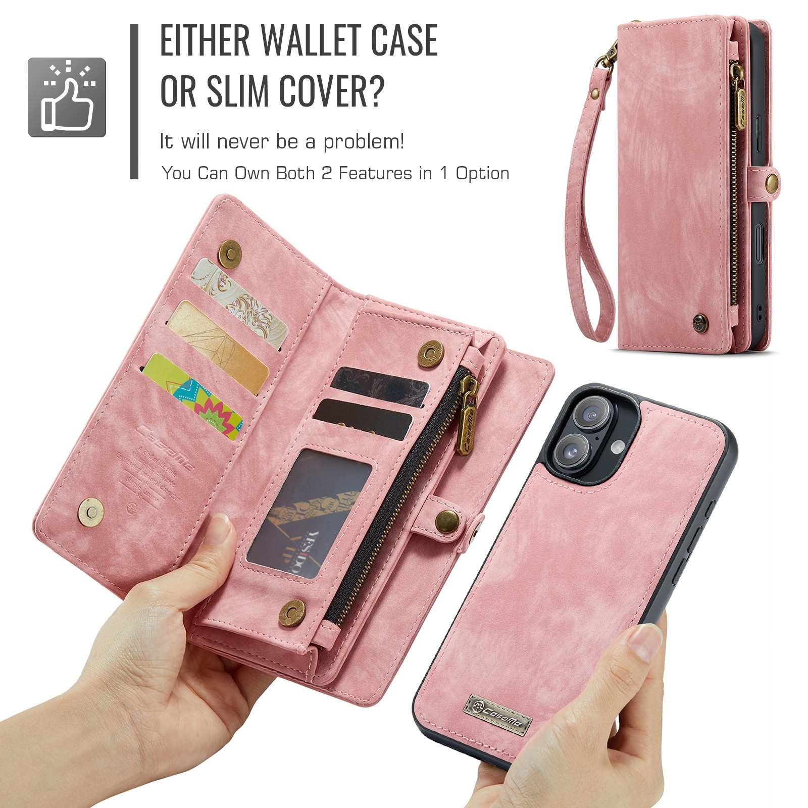 CaseMe 008 iPhone 16 Θήκη Πορτοφόλι με Αποσπώμενη Θήκη Σιλικόνης - Pink