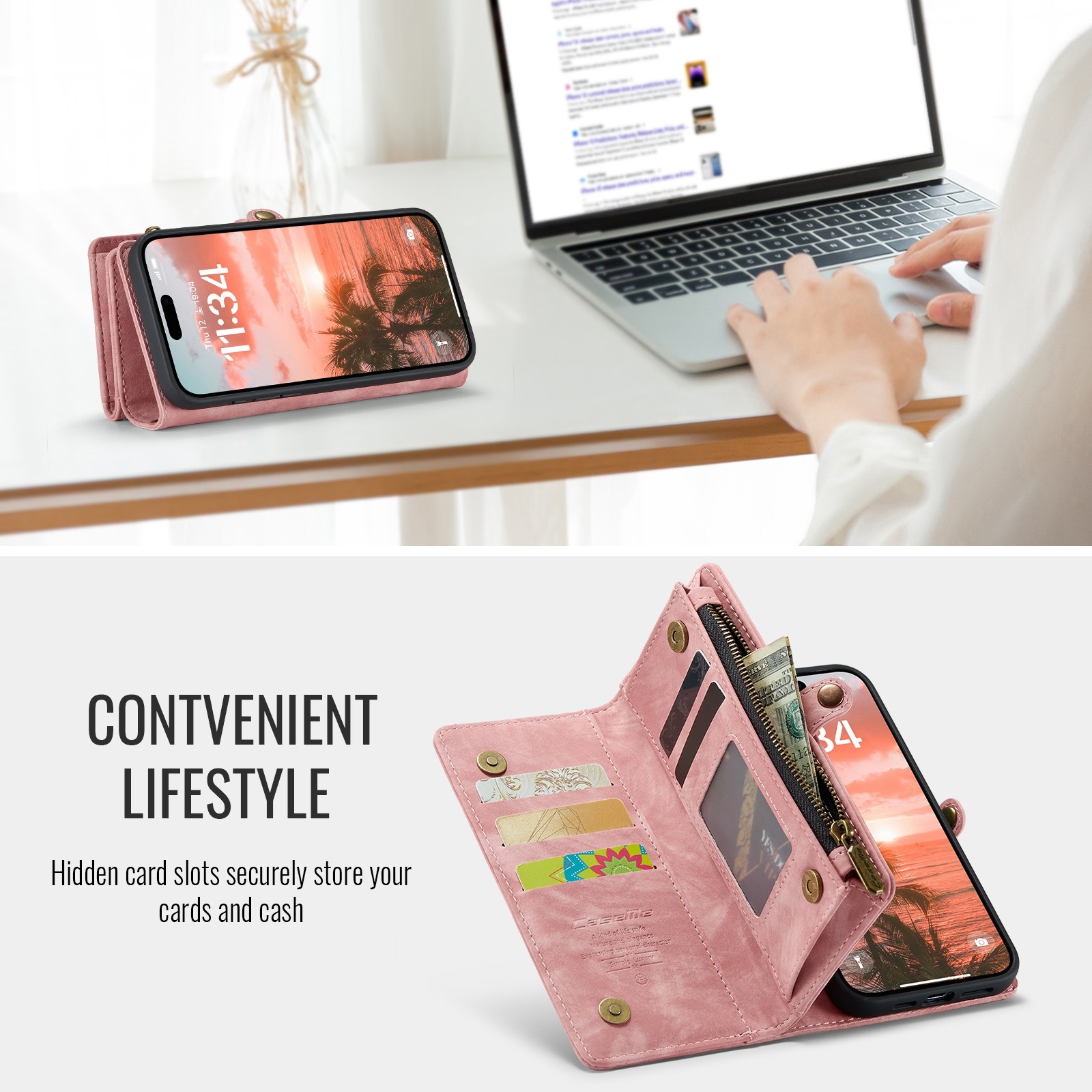CaseMe 008 iPhone 16 Θήκη Πορτοφόλι με Αποσπώμενη Θήκη Σιλικόνης - Pink