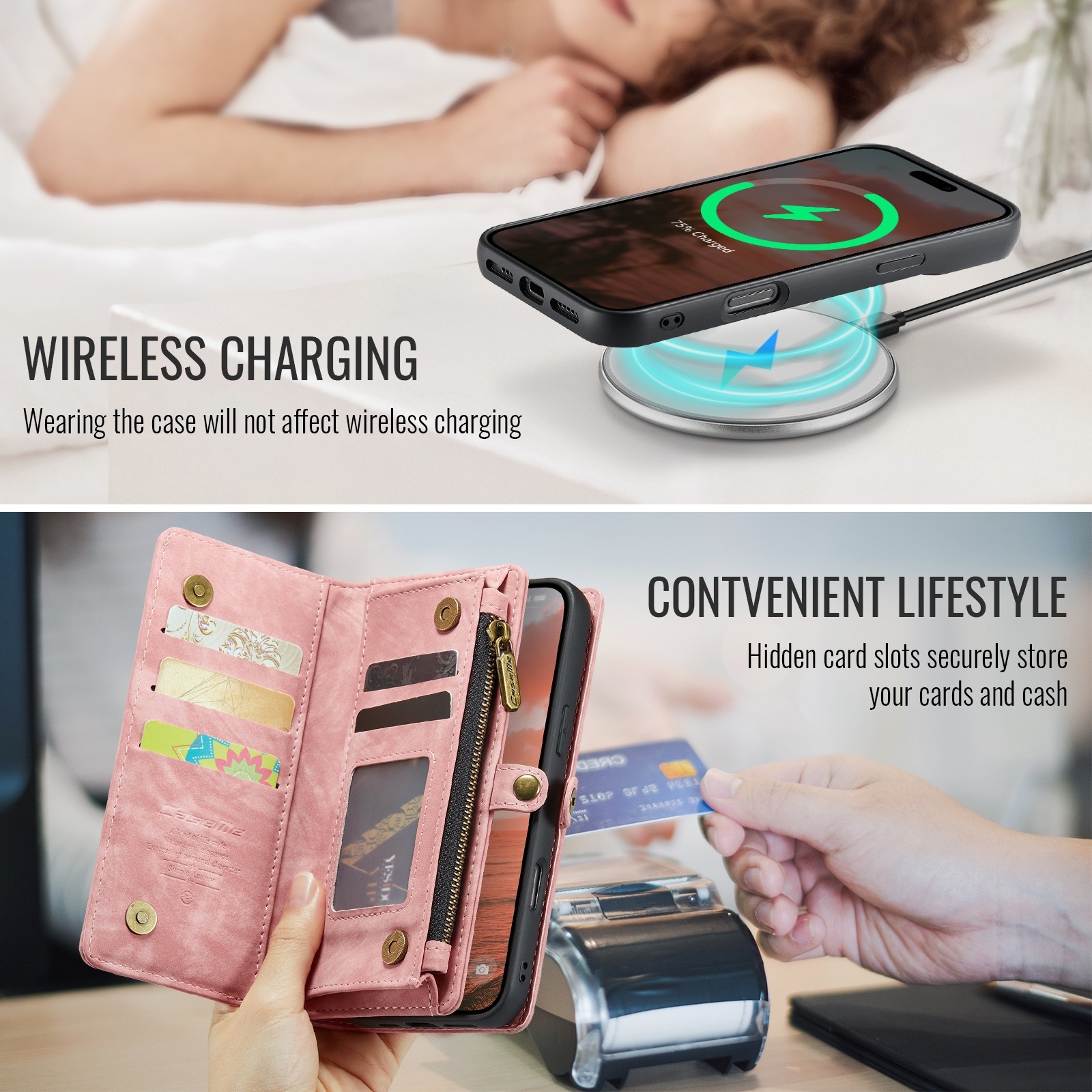CaseMe 008 iPhone 16 Θήκη Πορτοφόλι με Αποσπώμενη Θήκη Σιλικόνης - Pink