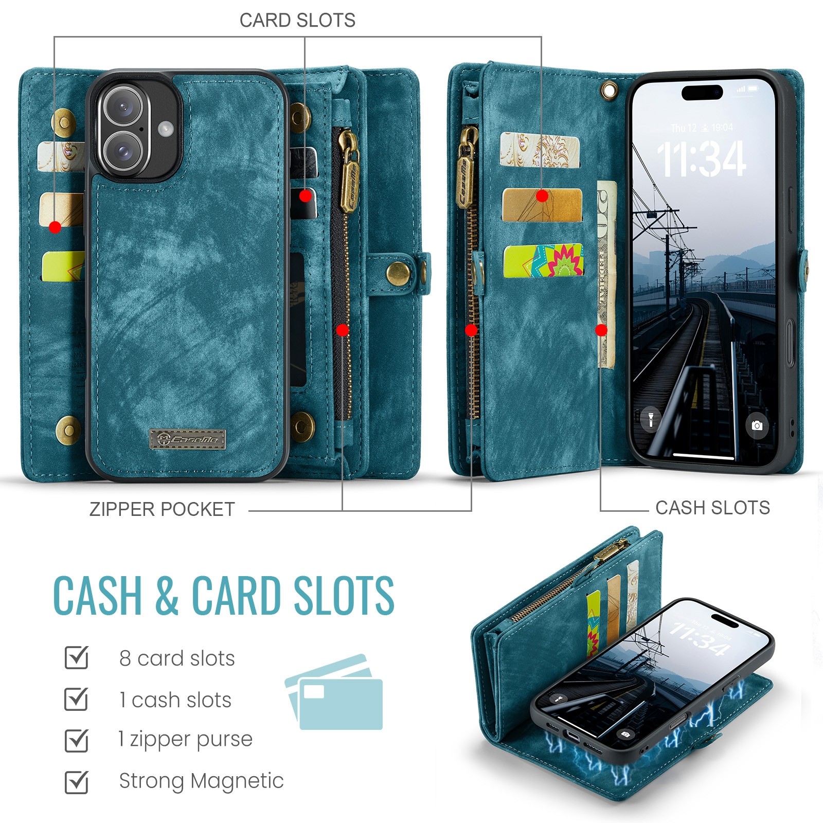 CaseMe 008 iPhone 16 Θήκη Πορτοφόλι με Αποσπώμενη Θήκη Σιλικόνης -Blue