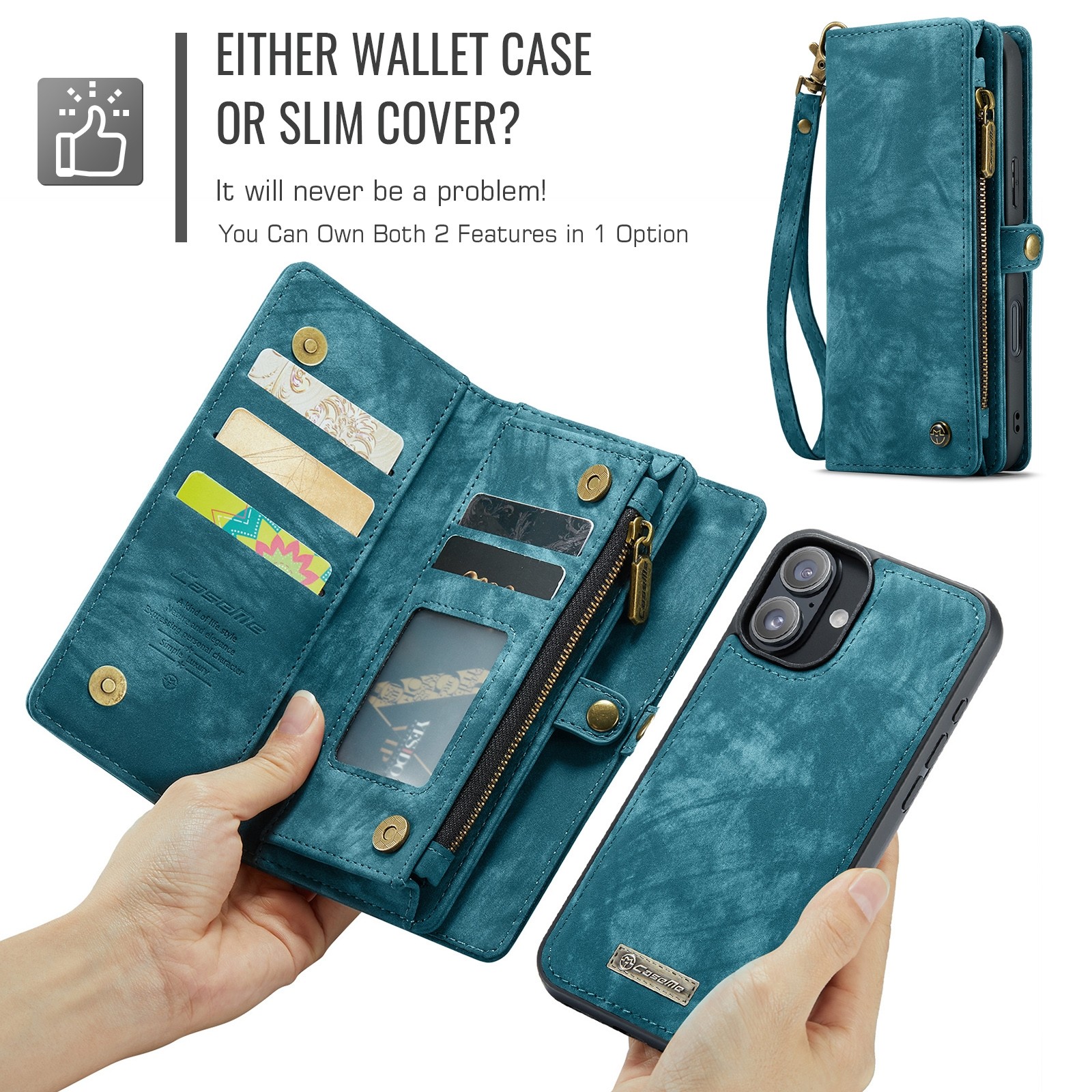 CaseMe 008 iPhone 16 Θήκη Πορτοφόλι με Αποσπώμενη Θήκη Σιλικόνης -Blue
