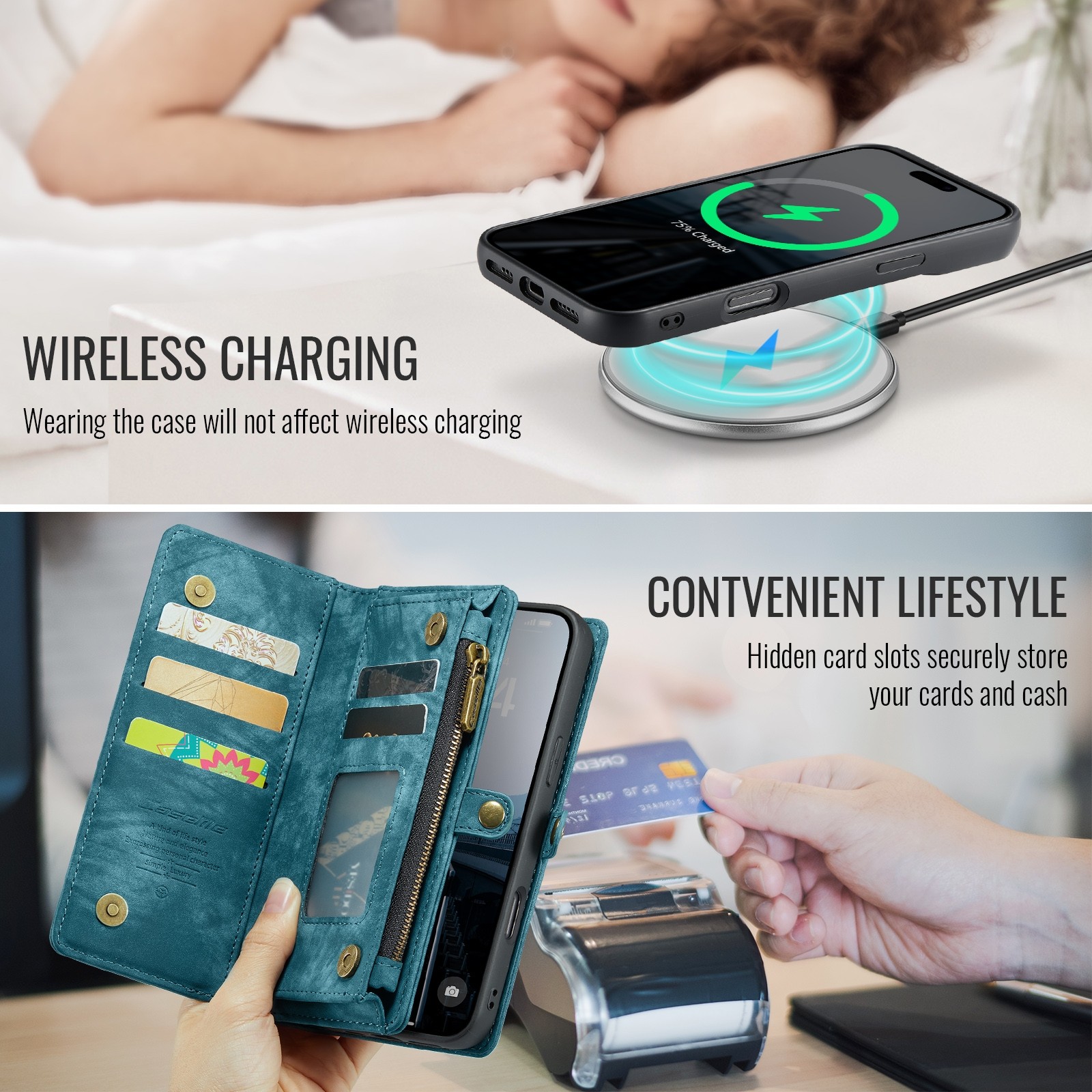 CaseMe 008 iPhone 16 Θήκη Πορτοφόλι με Αποσπώμενη Θήκη Σιλικόνης -Blue