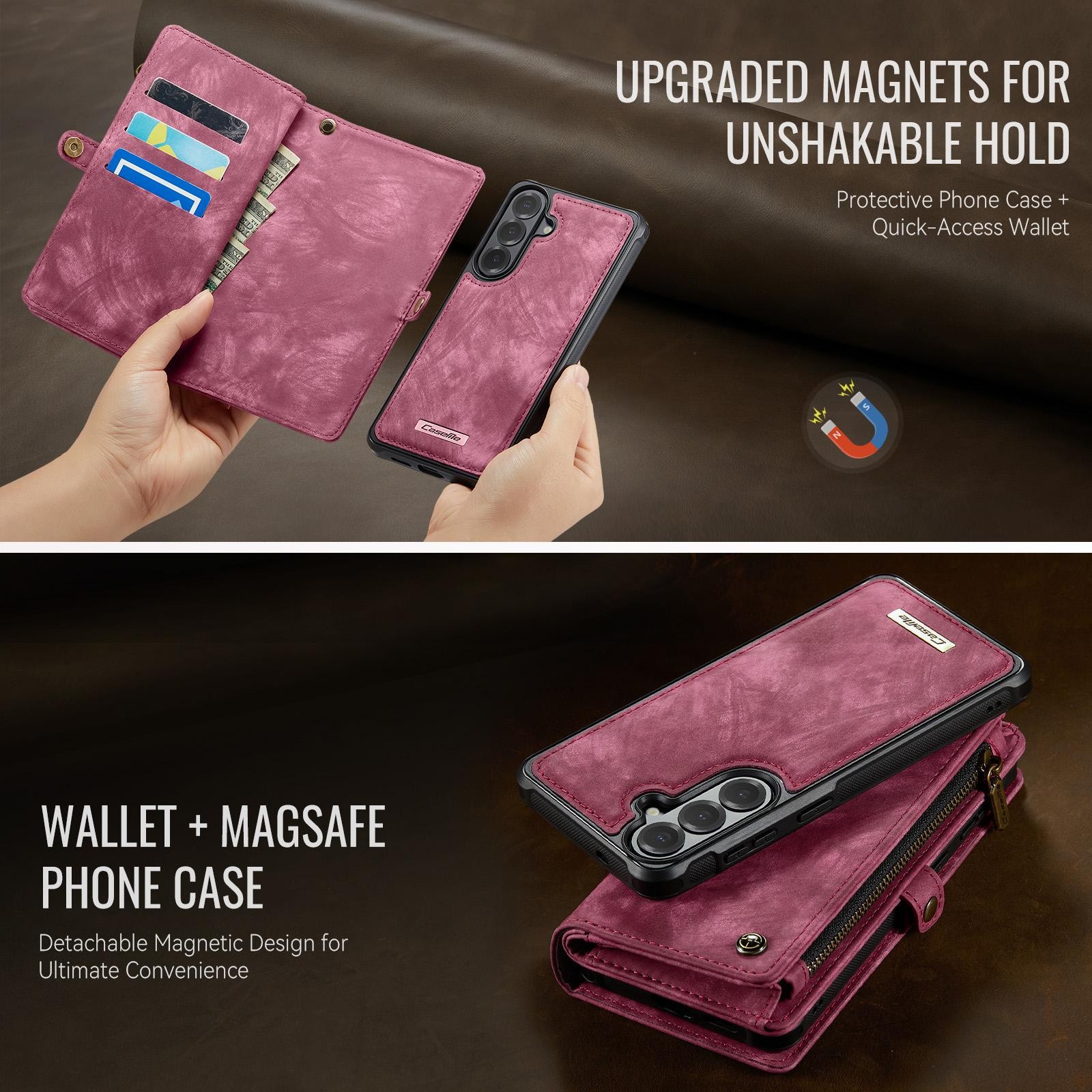 CaseMe 008 Samsung Galaxy S26 5G Θήκη Πορτοφόλι με Αποσπώμενη Θήκη Σιλικόνης -Wine red
