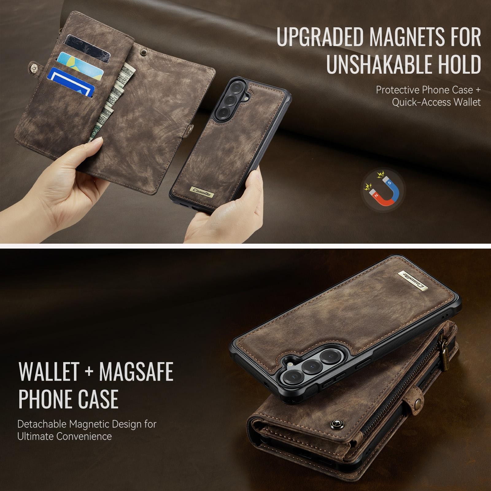 CaseMe 008 Samsung Galaxy S26 5G Θήκη Πορτοφόλι με Αποσπώμενη Θήκη Σιλικόνης -Brown