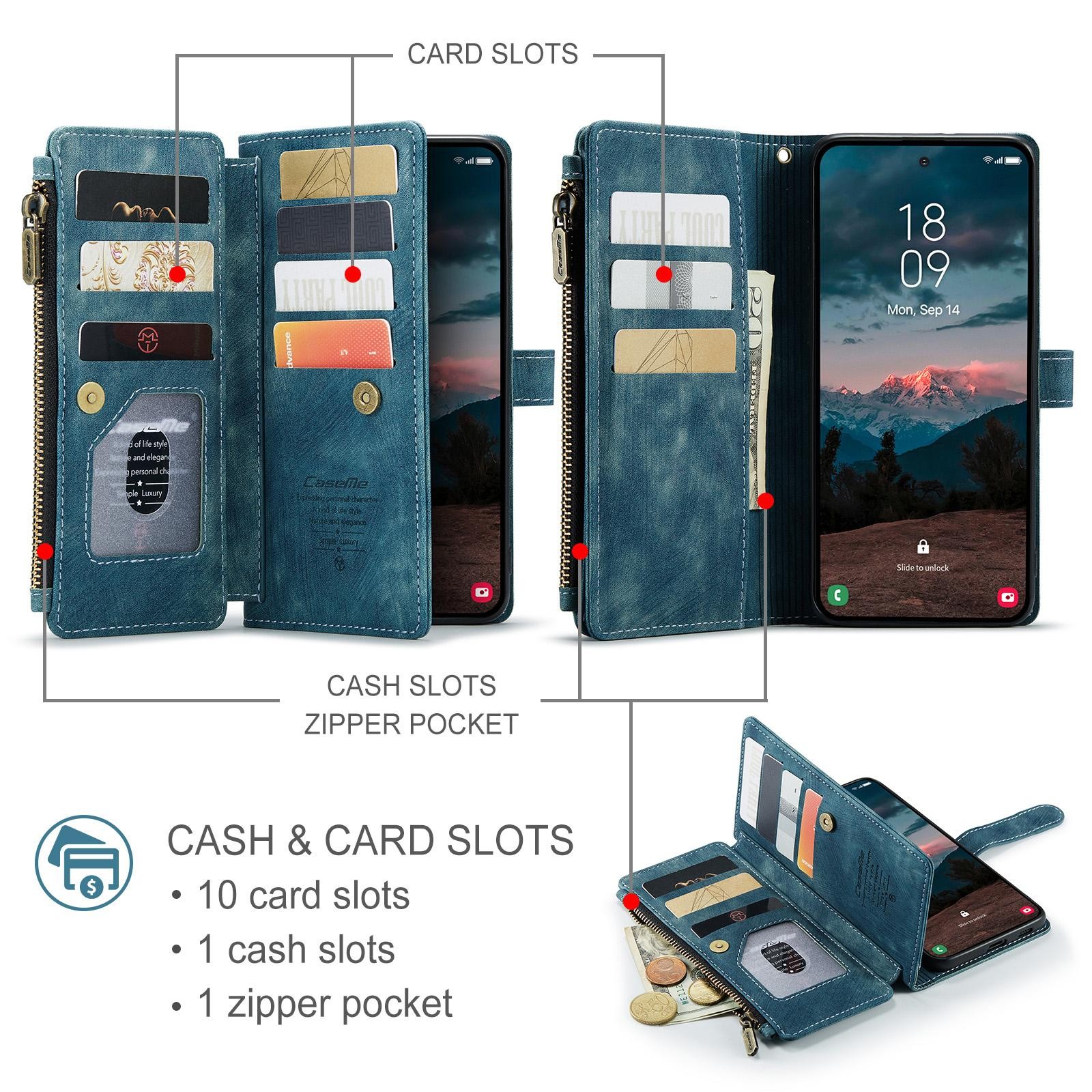 CaseMe C30 Samsung Galaxy S26 5G Card Slots Zipper Θήκη Πορτοφόλι Δερμάτινη –Blue