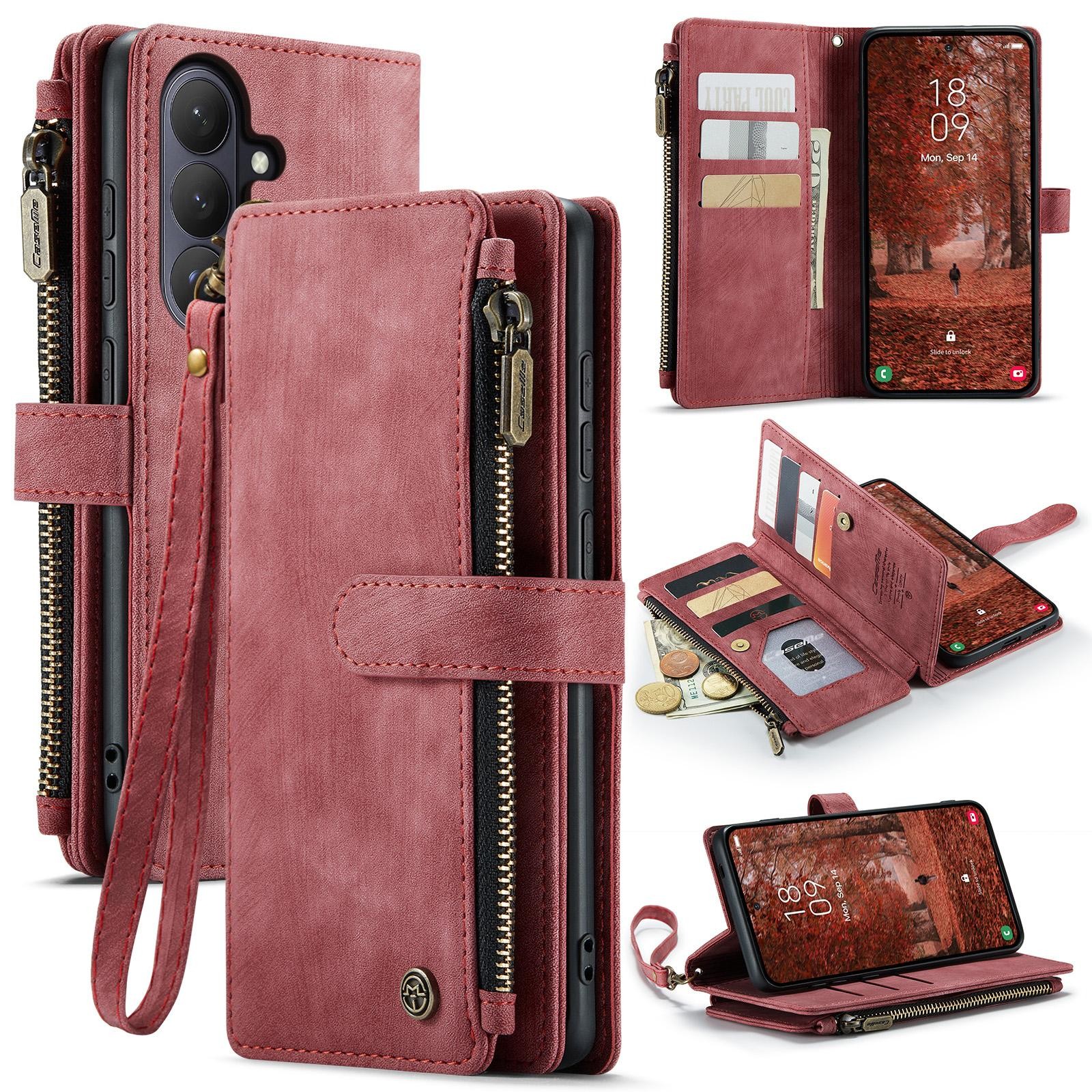 CaseMe C30 Samsung Galaxy S26 5G Card Slots Zipper Θήκη Πορτοφόλι Δερμάτινη –Red