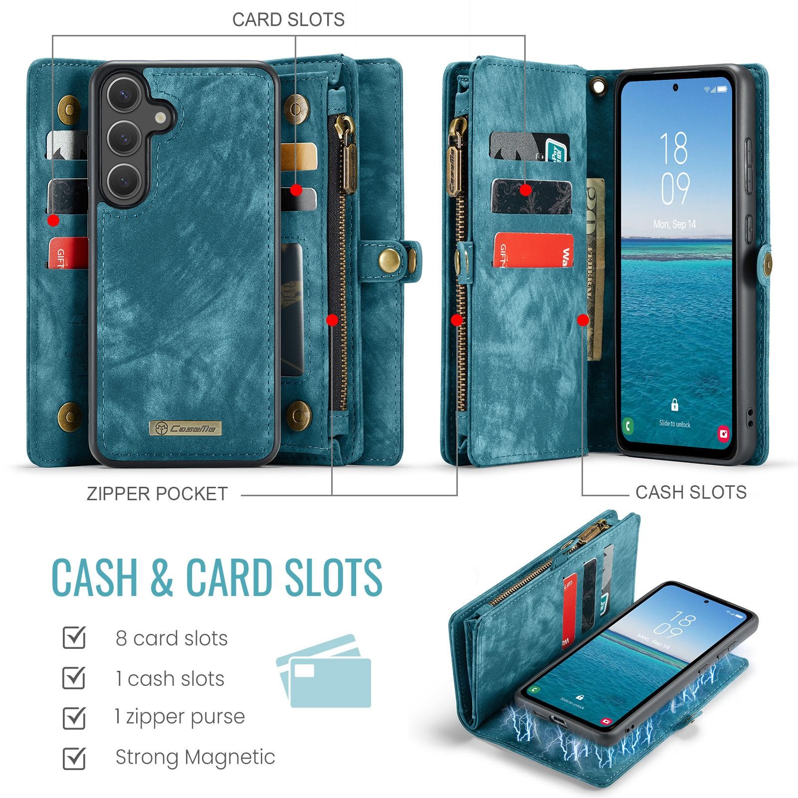 CaseMe 008 Samsung Galaxy S25 5G Θήκη Πορτοφόλι με Αποσπώμενη Θήκη Σιλικόνης -Blue