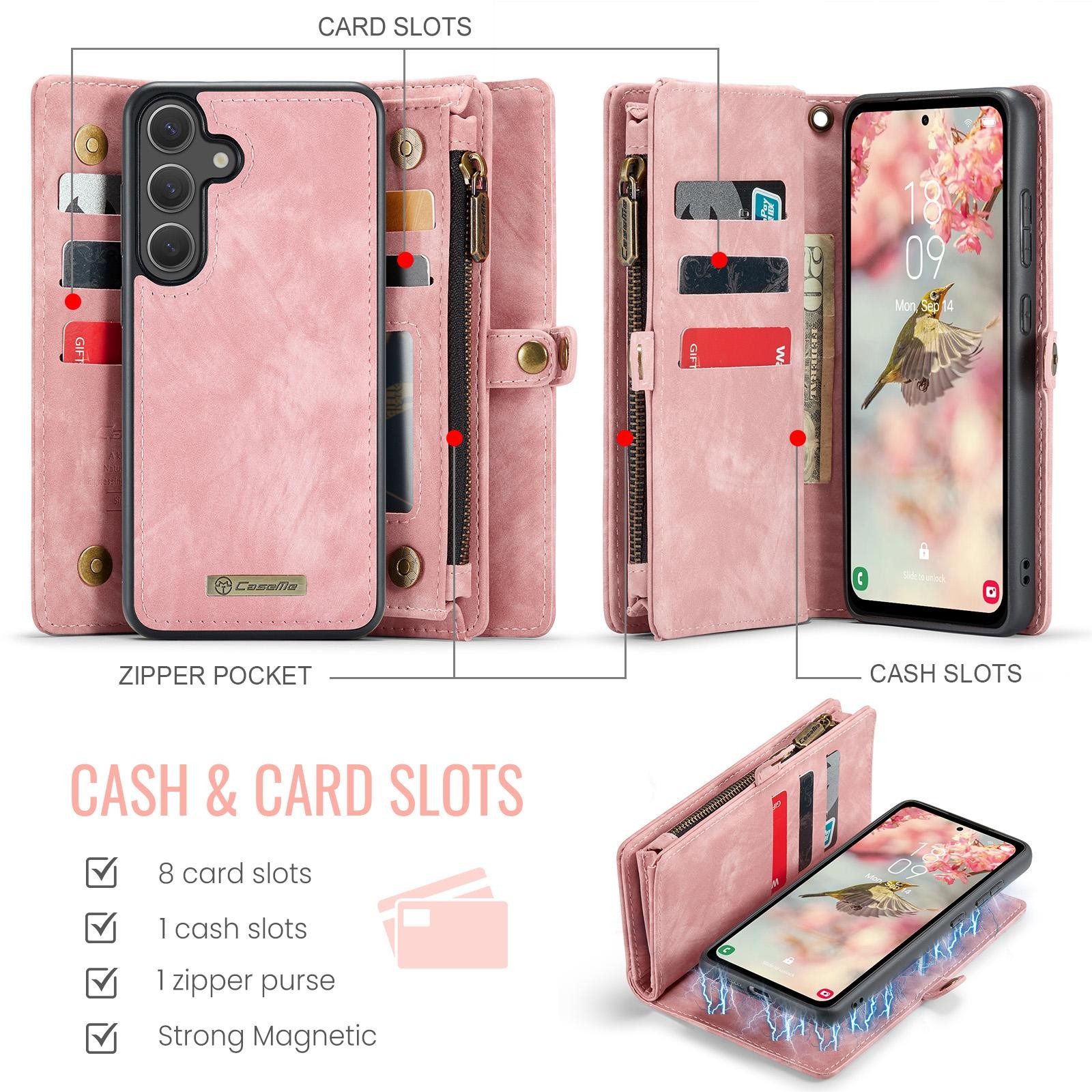 CaseMe 008 Samsung Galaxy S25 5G Θήκη Πορτοφόλι με Αποσπώμενη Θήκη Σιλικόνης -Pink
