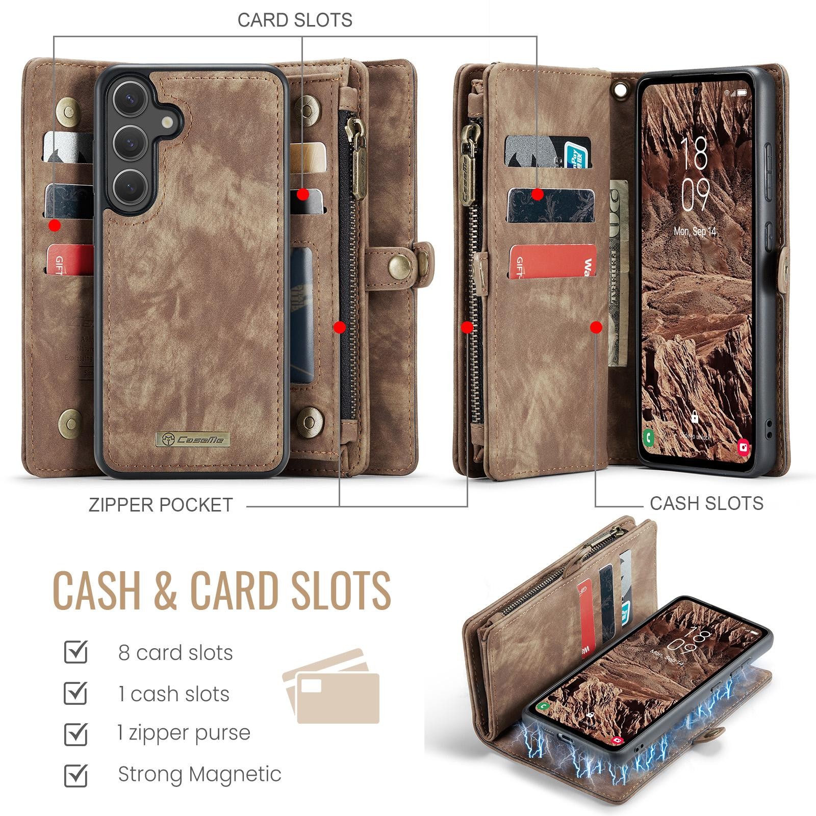 CaseMe 008 Samsung Galaxy S25 5G Θήκη Πορτοφόλι με Αποσπώμενη Θήκη Σιλικόνης -Brown