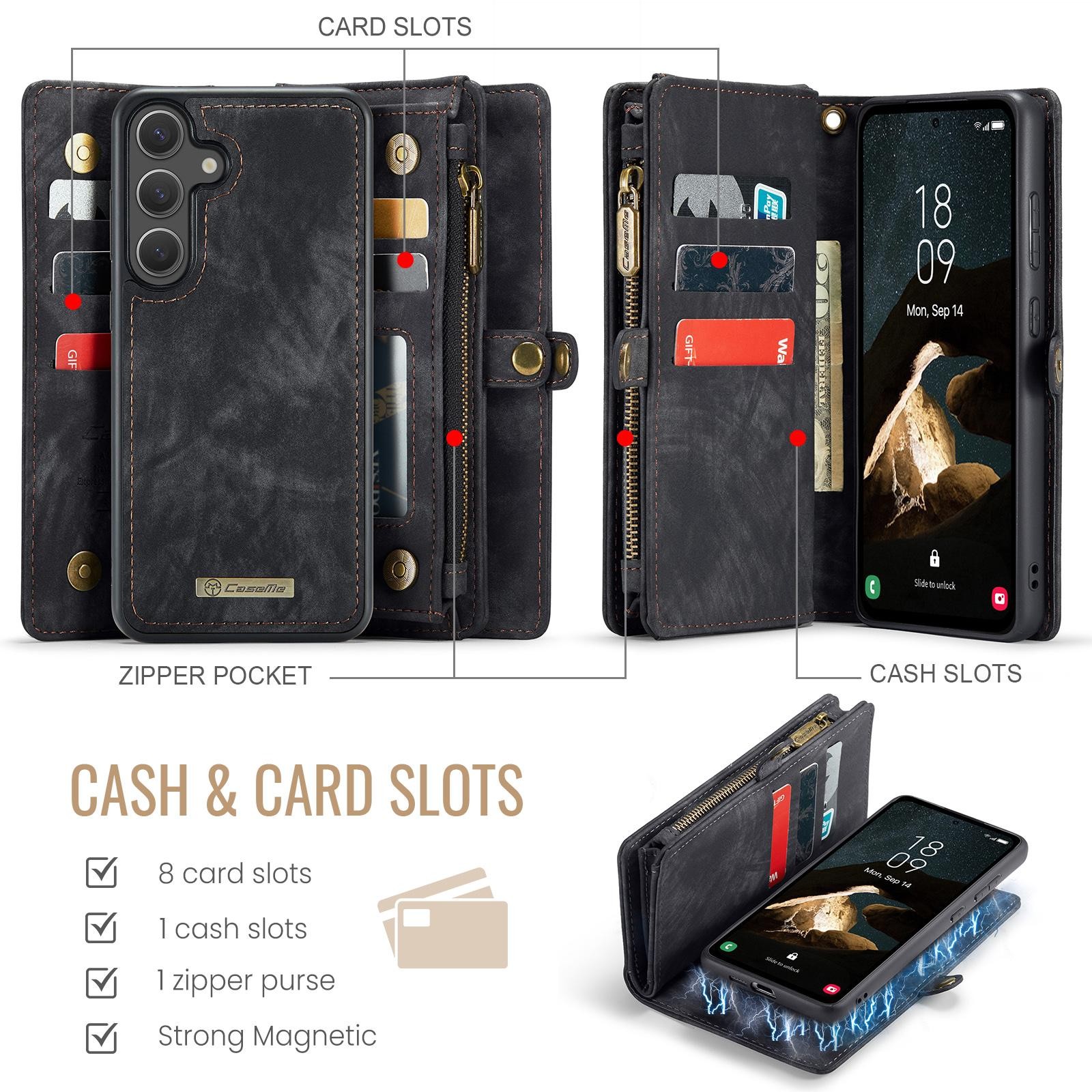 CaseMe 008 Samsung Galaxy S25 5G Θήκη Πορτοφόλι με Αποσπώμενη Θήκη Σιλικόνης -Black