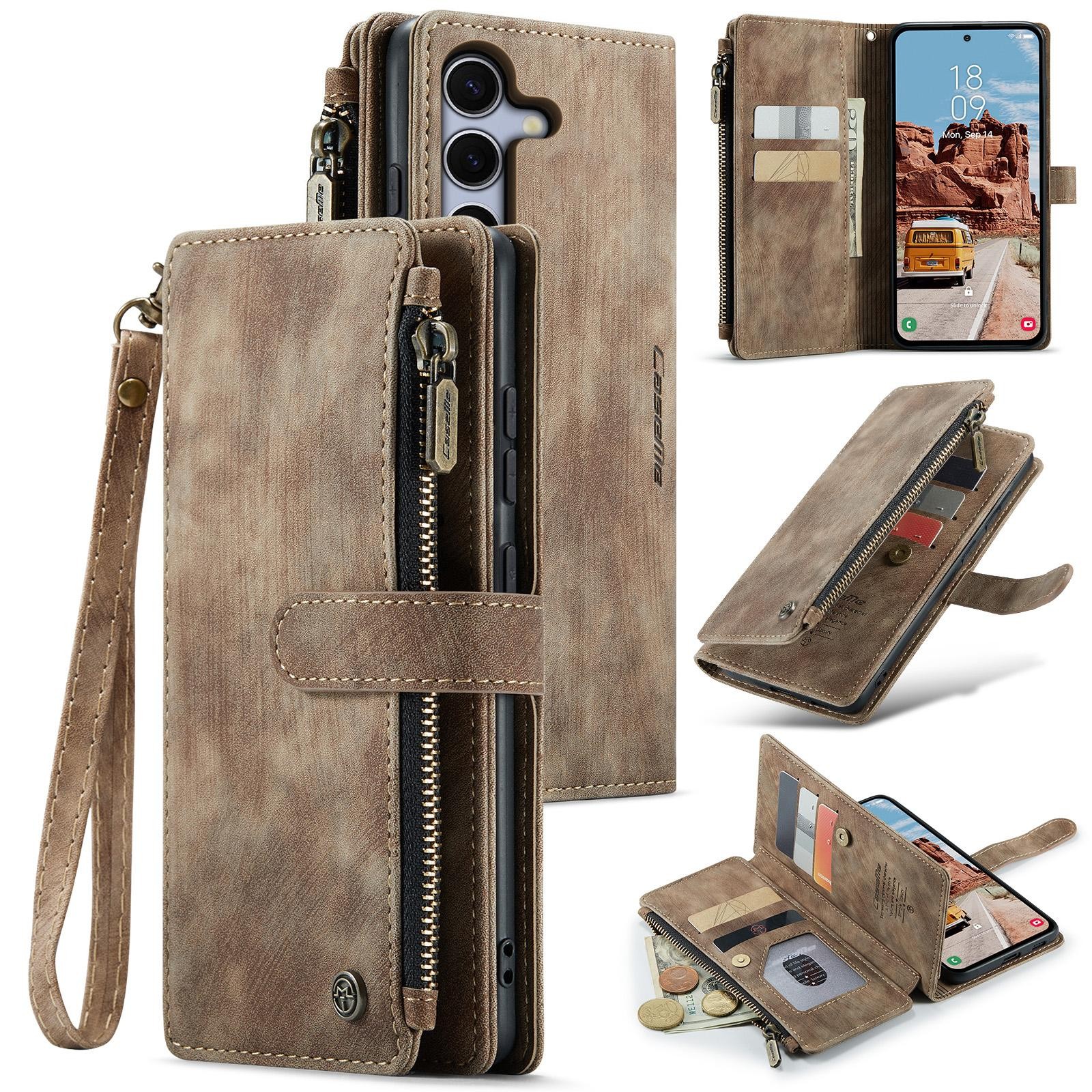 CaseMe C30 Samsung Galaxy S25/S24 5G Card Slots Zipper Θήκη Πορτοφόλι Δερμάτινη –Brown