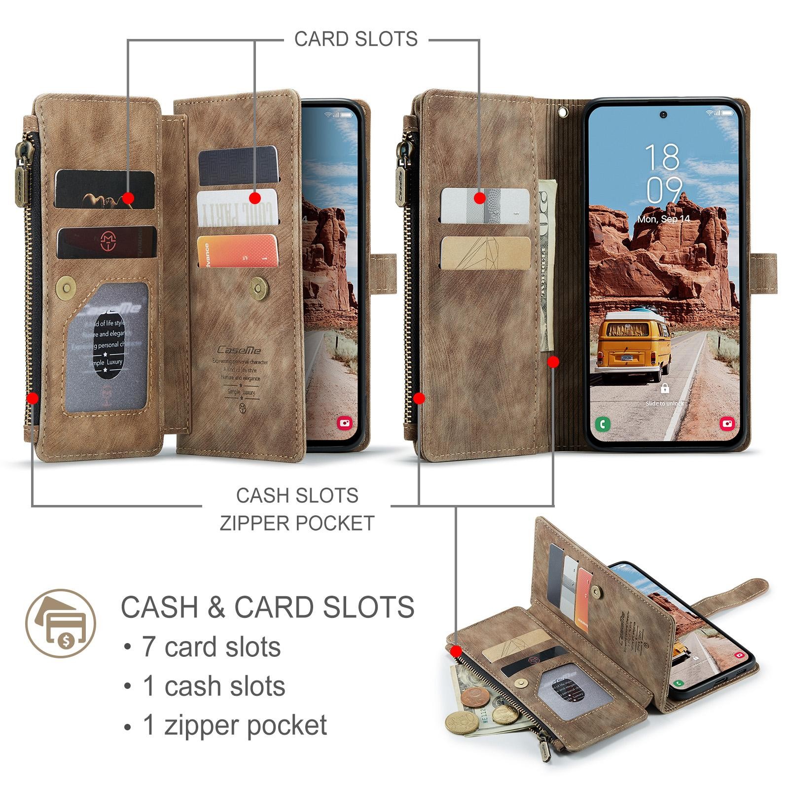 CaseMe C30 Samsung Galaxy S25/S24 5G Card Slots Zipper Θήκη Πορτοφόλι Δερμάτινη –Brown