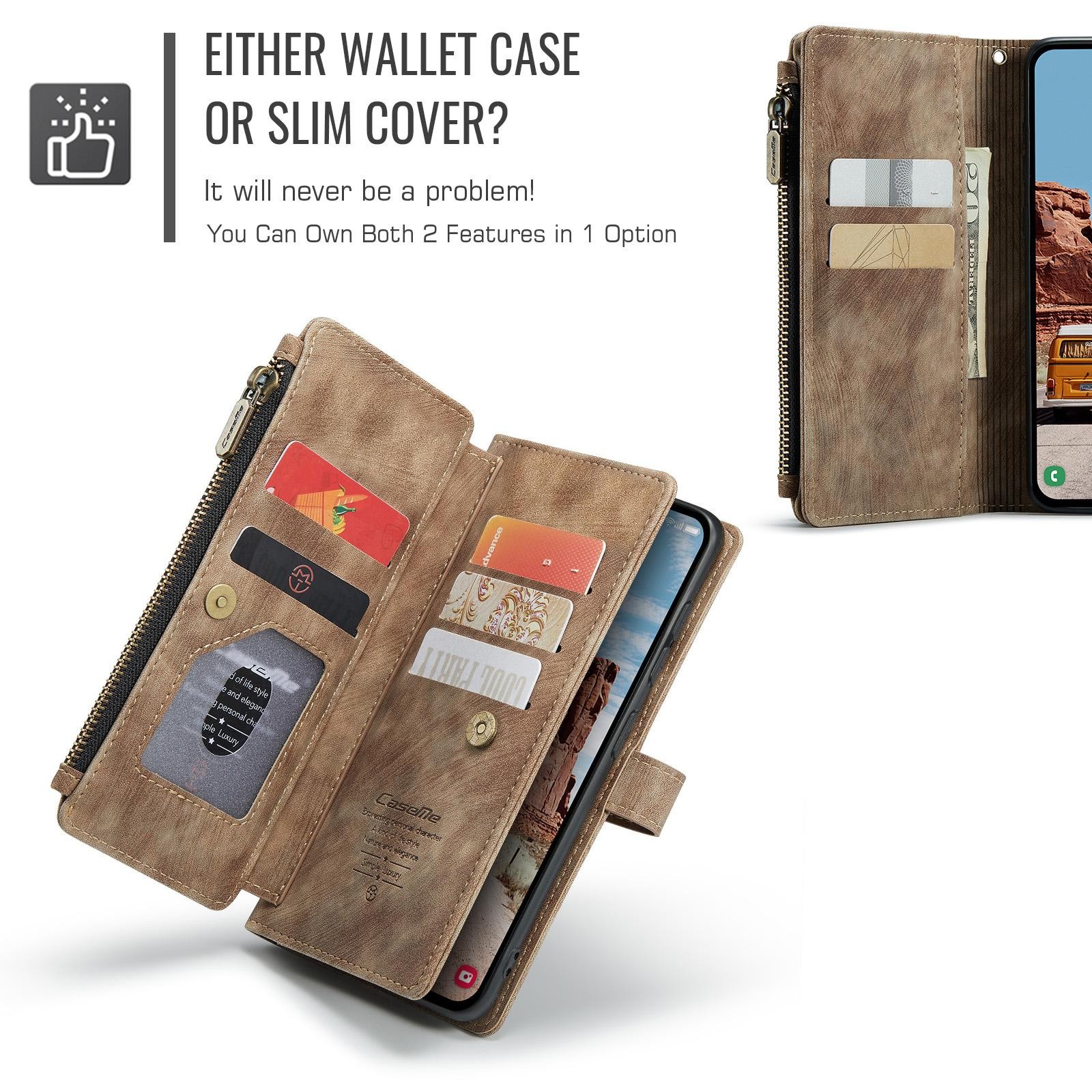 CaseMe C30 Samsung Galaxy S25/S24 5G Card Slots Zipper Θήκη Πορτοφόλι Δερμάτινη –Brown