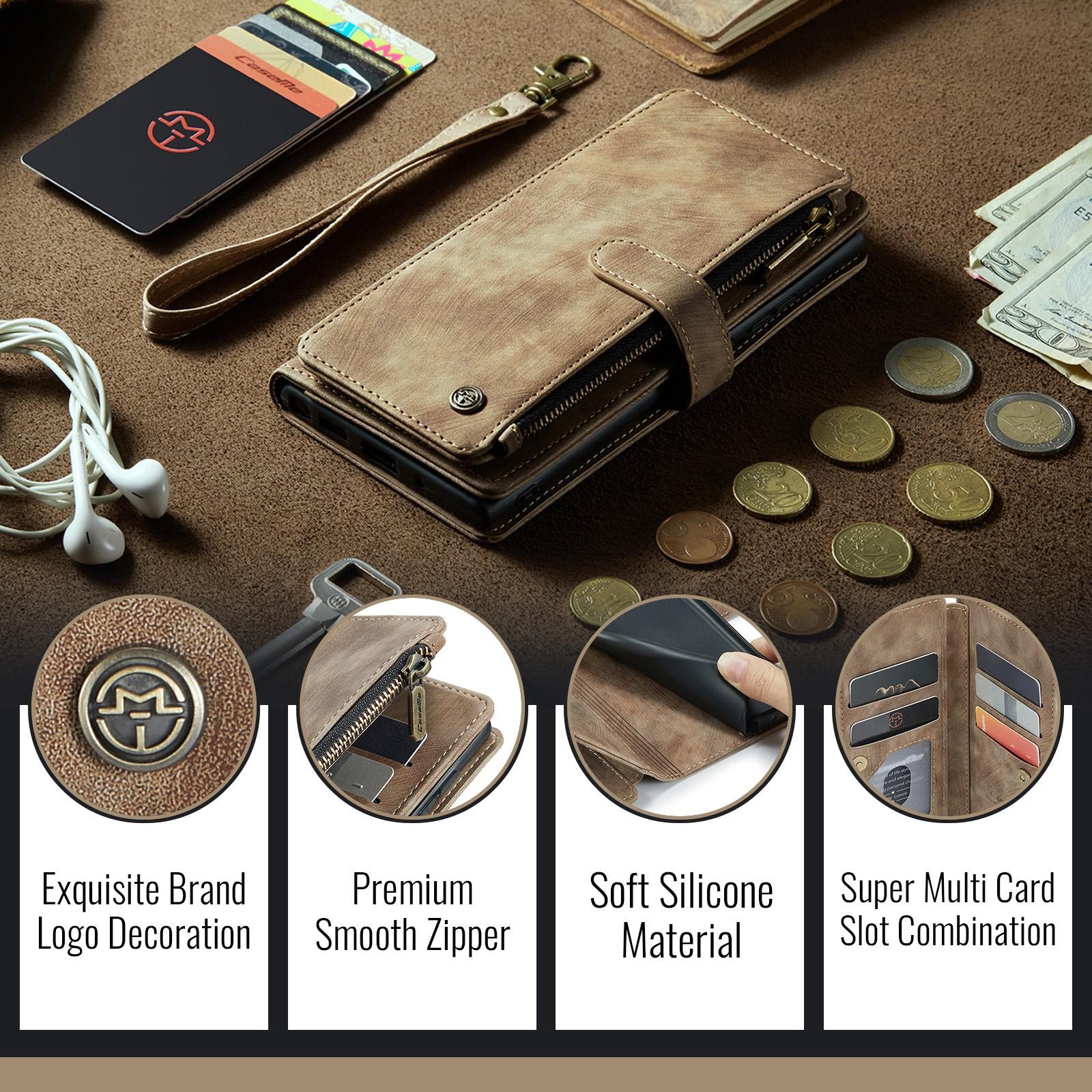 CaseMe C30 Samsung Galaxy S25/S24 5G Card Slots Zipper Θήκη Πορτοφόλι Δερμάτινη –Brown