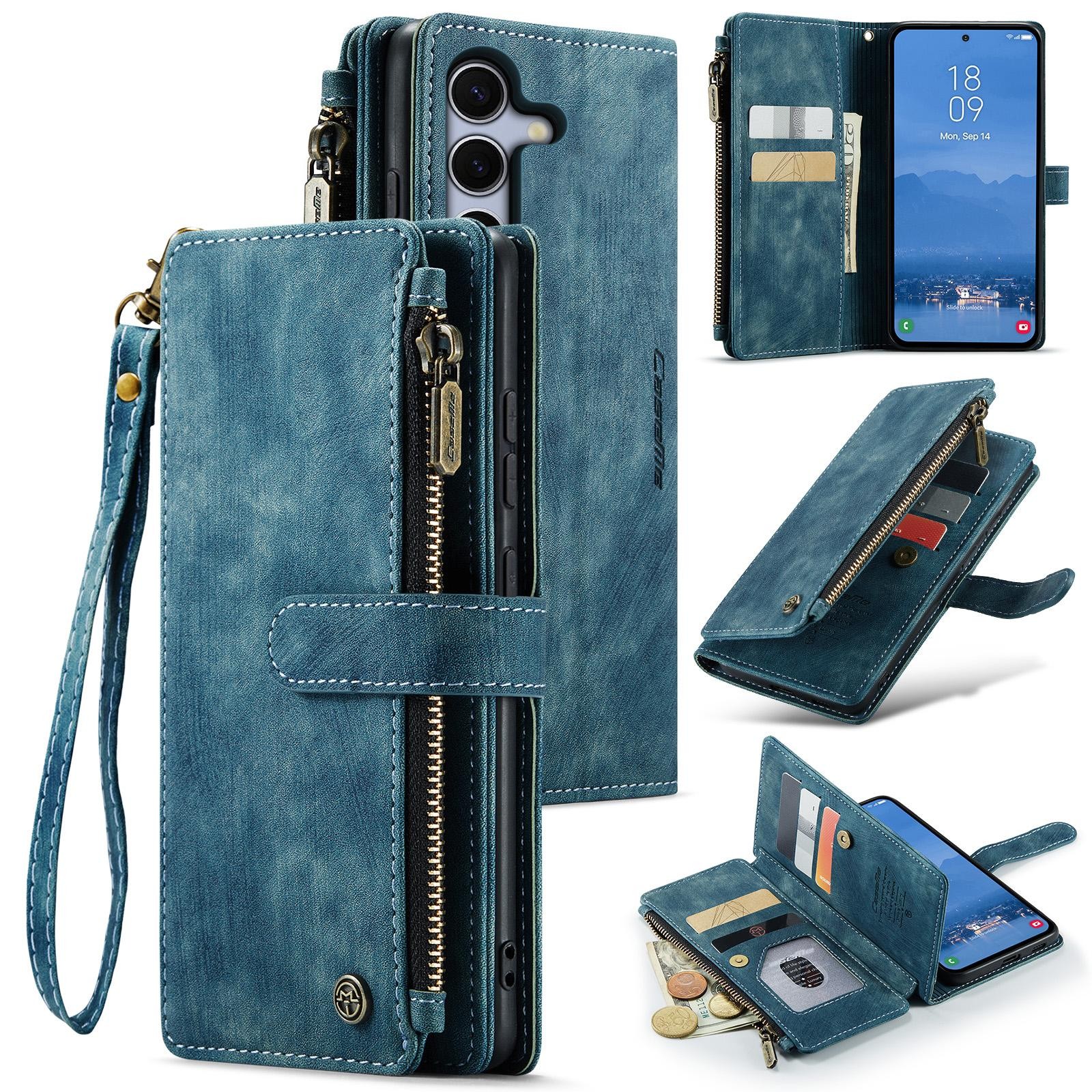 CaseMe C30 Samsung Galaxy S25/S24 5G Card Slots Zipper Θήκη Πορτοφόλι Δερμάτινη –Blue