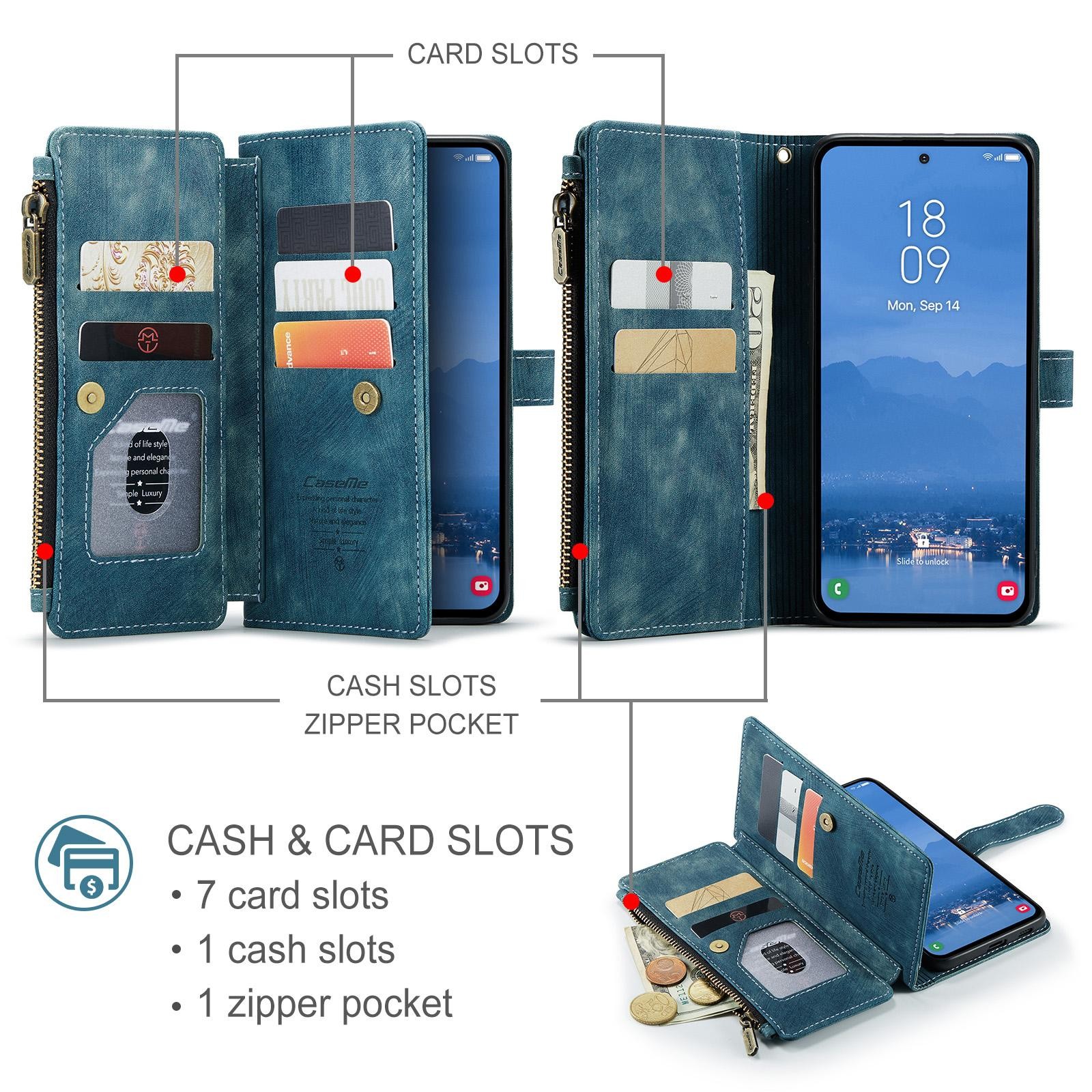CaseMe C30 Samsung Galaxy S25/S24 5G Card Slots Zipper Θήκη Πορτοφόλι Δερμάτινη –Blue