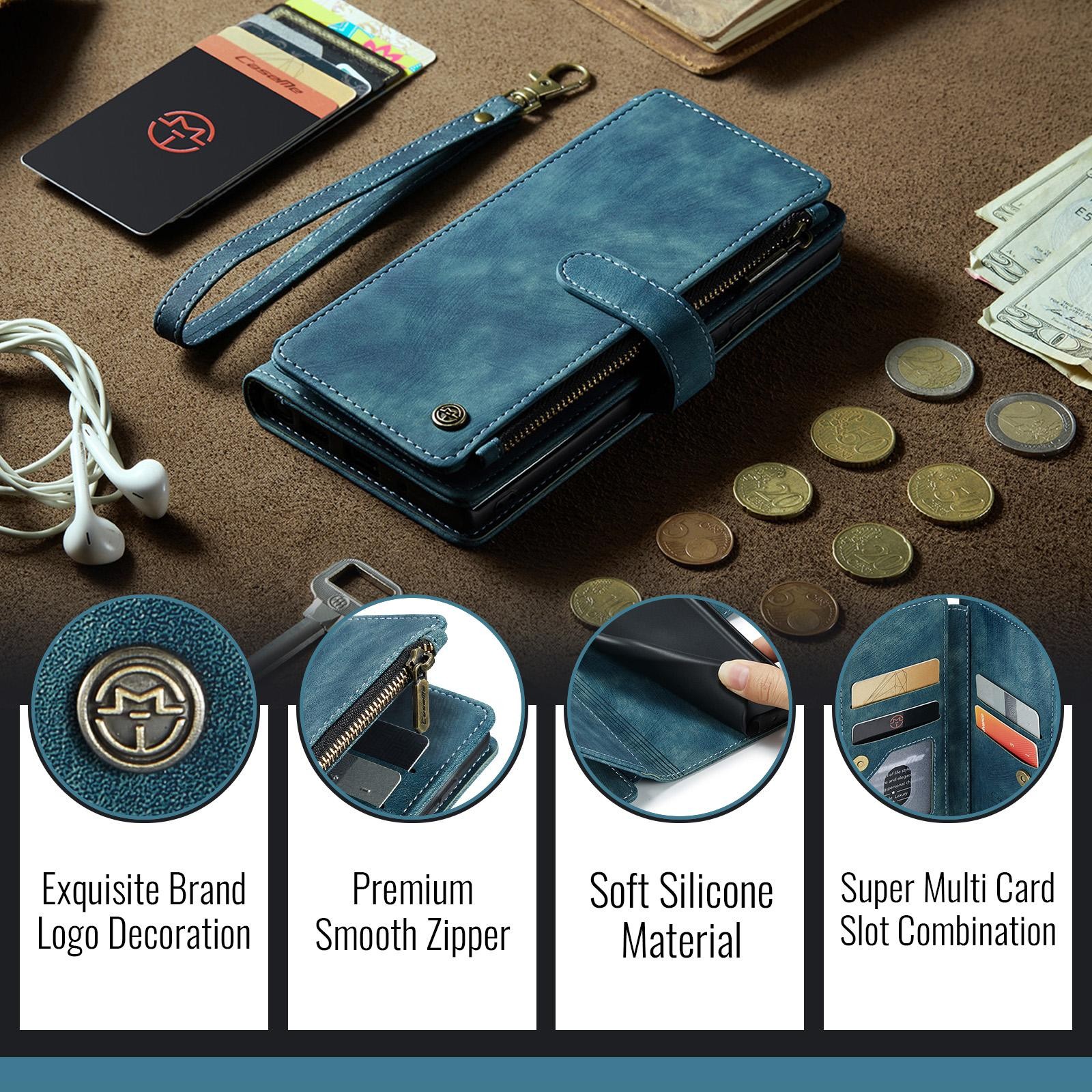 CaseMe C30 Samsung Galaxy S25/S24 5G Card Slots Zipper Θήκη Πορτοφόλι Δερμάτινη –Blue