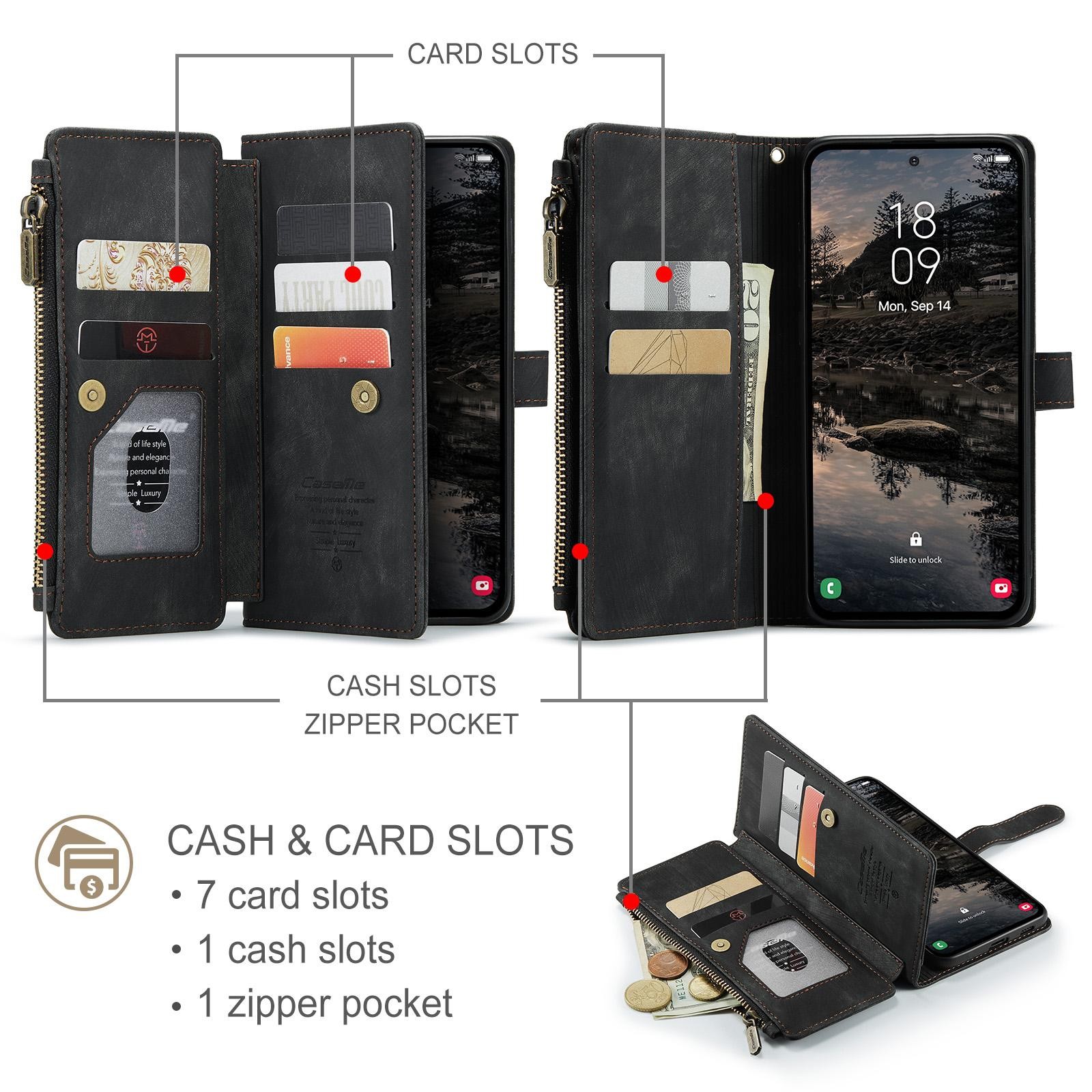 CaseMe C30 Samsung Galaxy S25/S24 5G Card Slots Zipper Θήκη Πορτοφόλι Δερμάτινη –Black