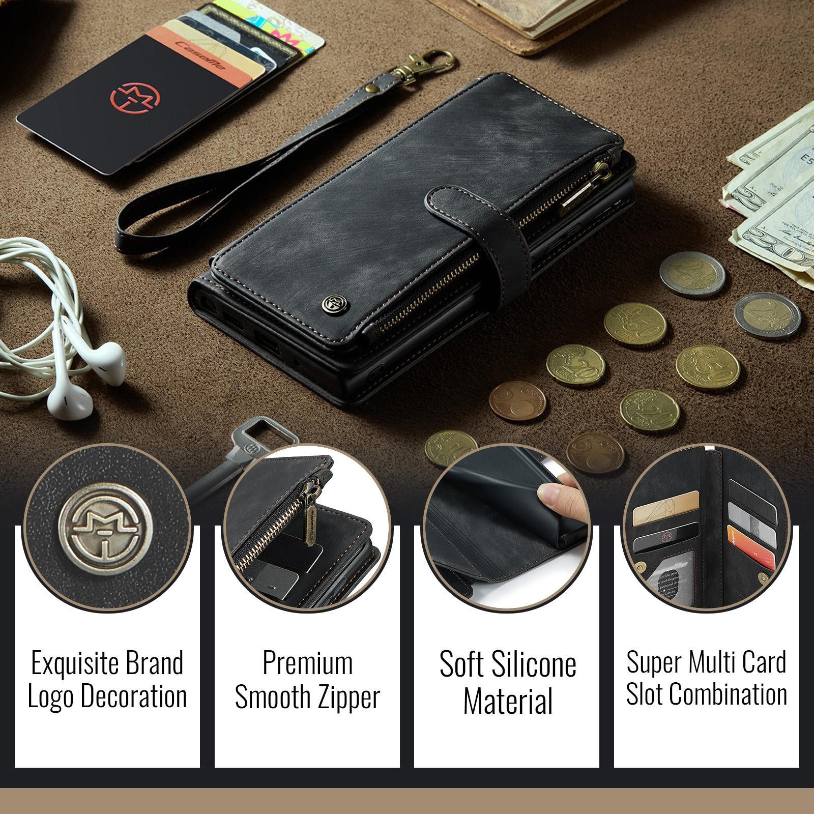 CaseMe C30 Samsung Galaxy S25/S24 5G Card Slots Zipper Θήκη Πορτοφόλι Δερμάτινη –Black